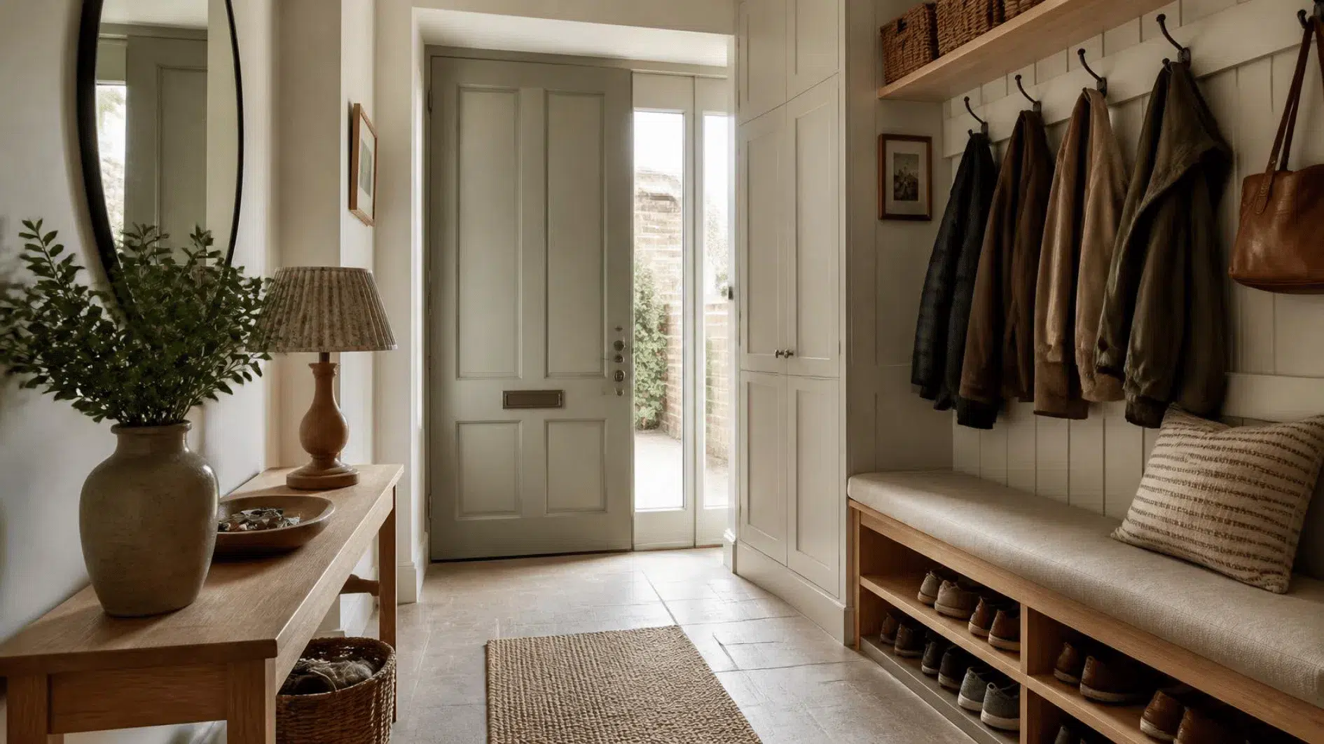 Calm entrance hallway with neatly arranged coats, shoes, keys and timber storage