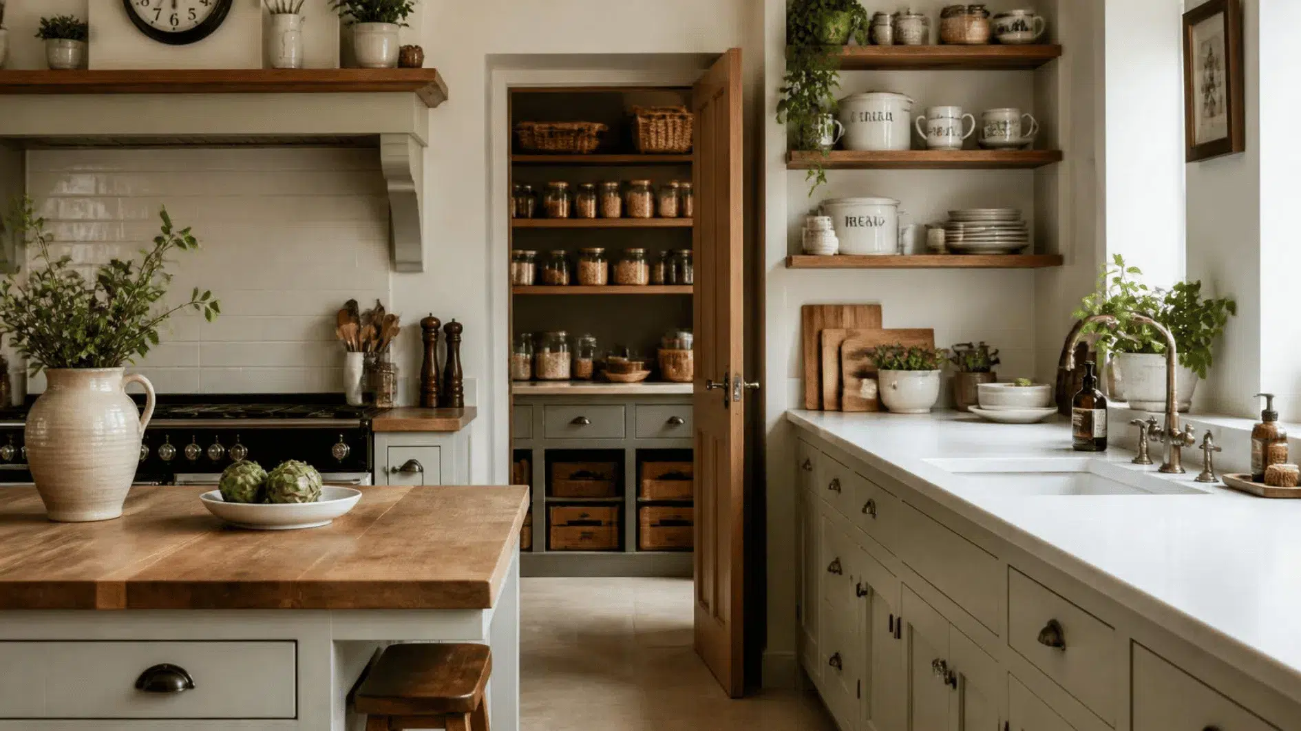 British kitchen with accessible zones for utensils, crockery and pantry storage