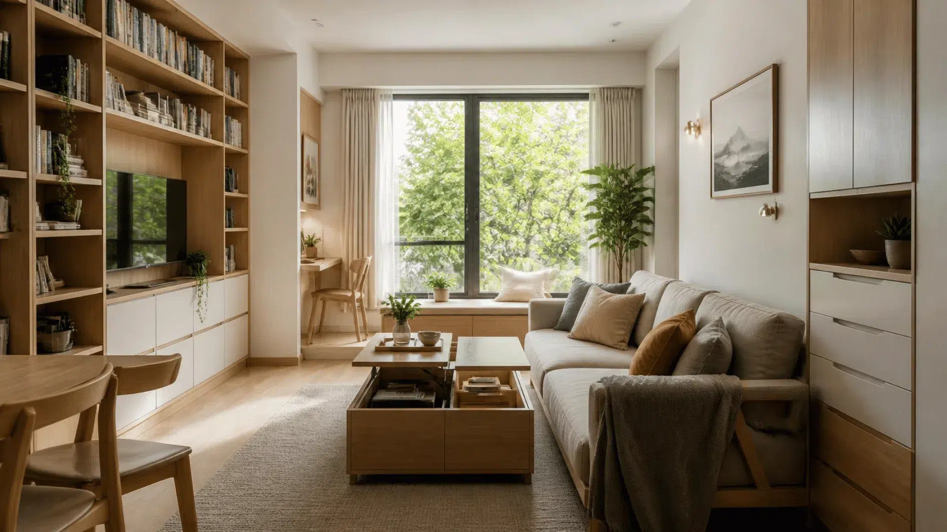 Compact interior using vertical shelving and flexible furniture for accessible storage