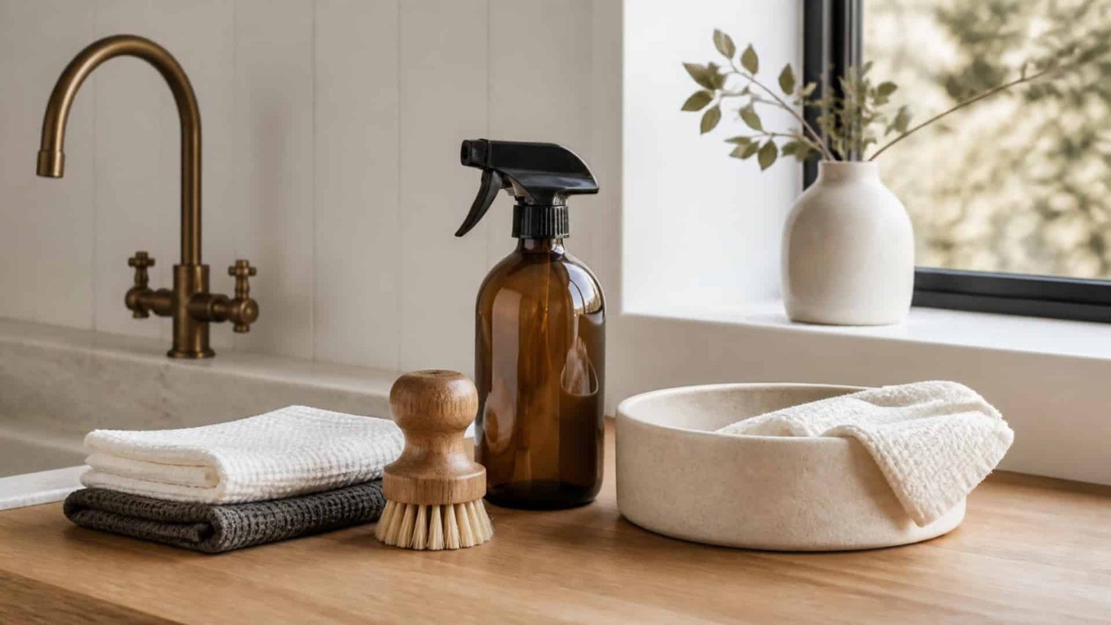 Small set of household cleaning products with reusable cloths and brush in a refined utility space