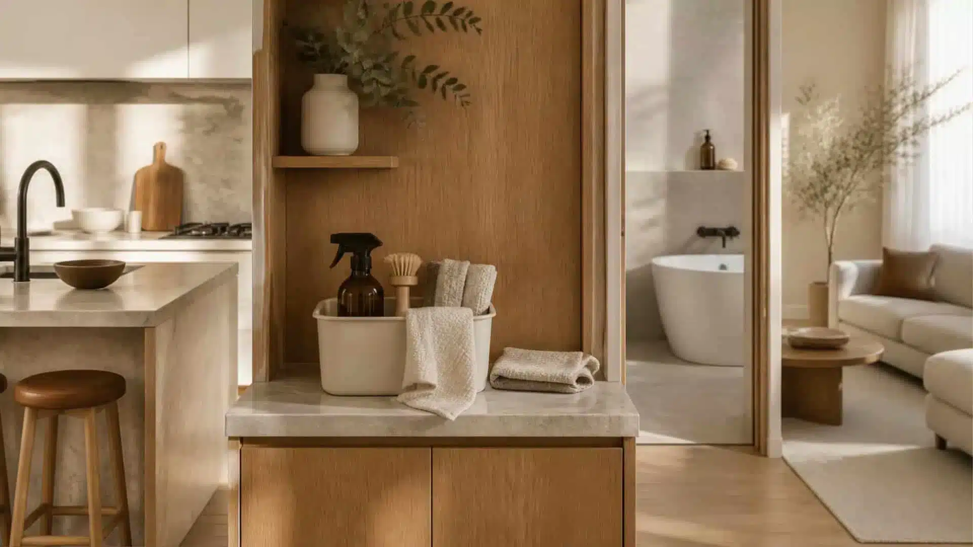 Small shared cleaning kit arranged between kitchen, bathroom and living areas