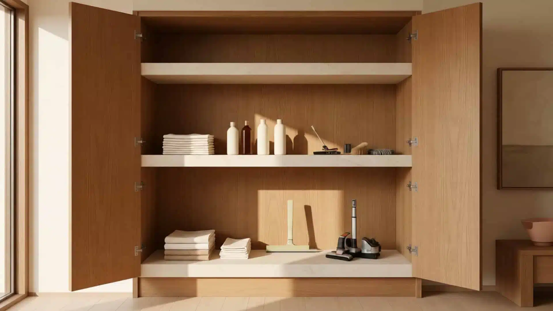 Organised under-sink cupboard with a small number of household cleaning products and reusable tools