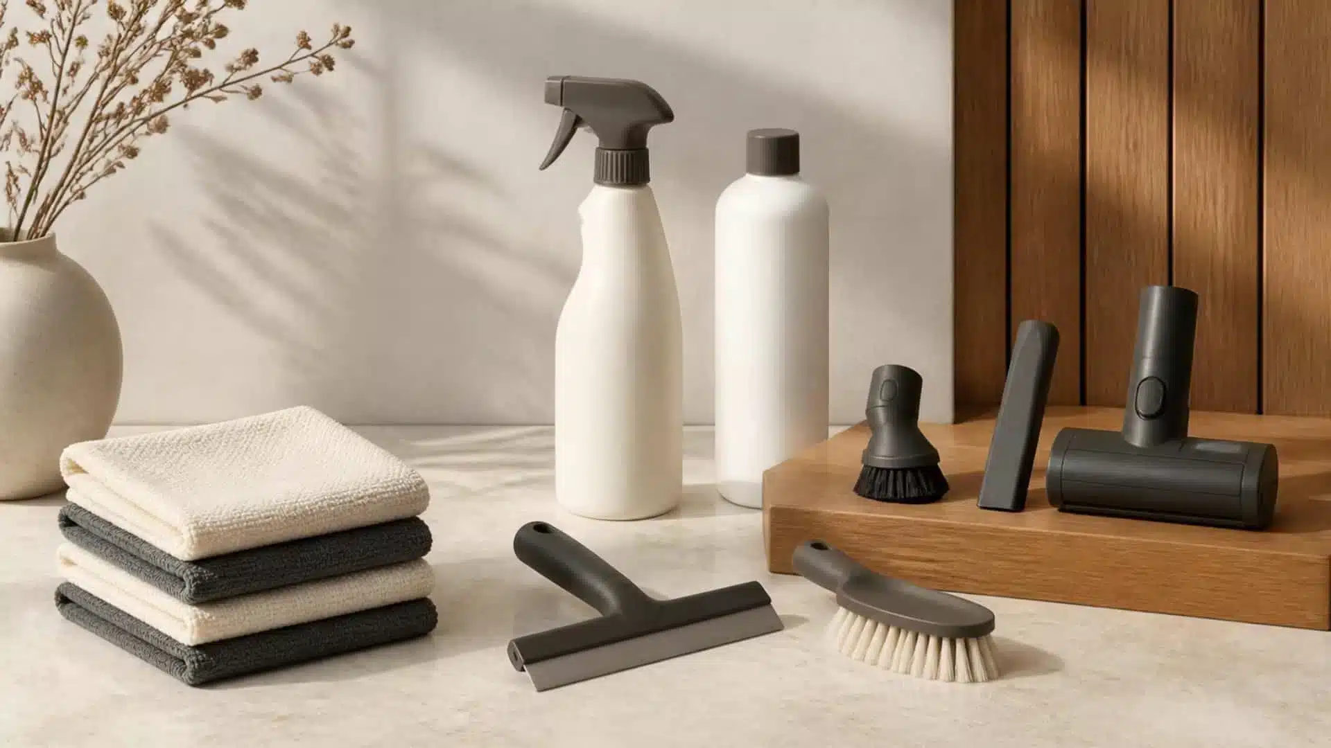 Reusable cleaning cloths, squeegee, non-scratch brush and vacuum attachments beside cleaning bottles