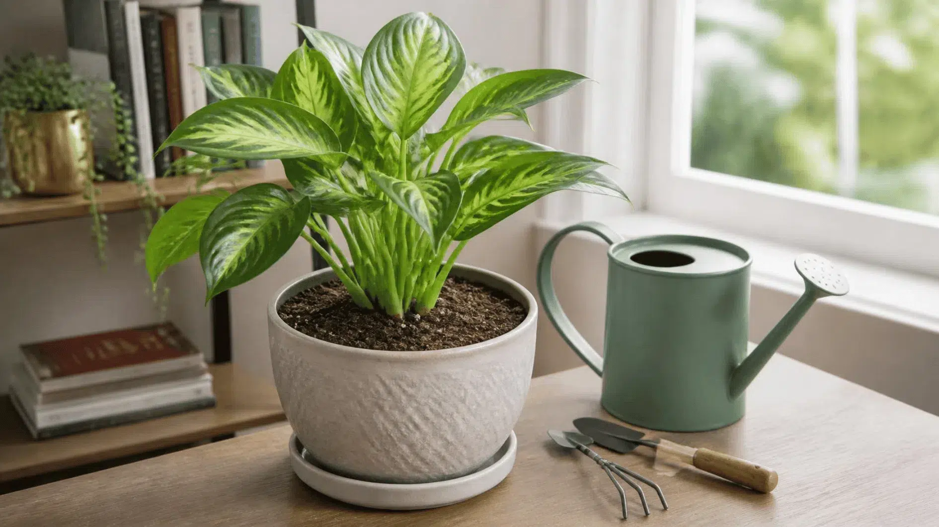Potted houseplant with visible compost, watering can and drainage saucer on a timber table