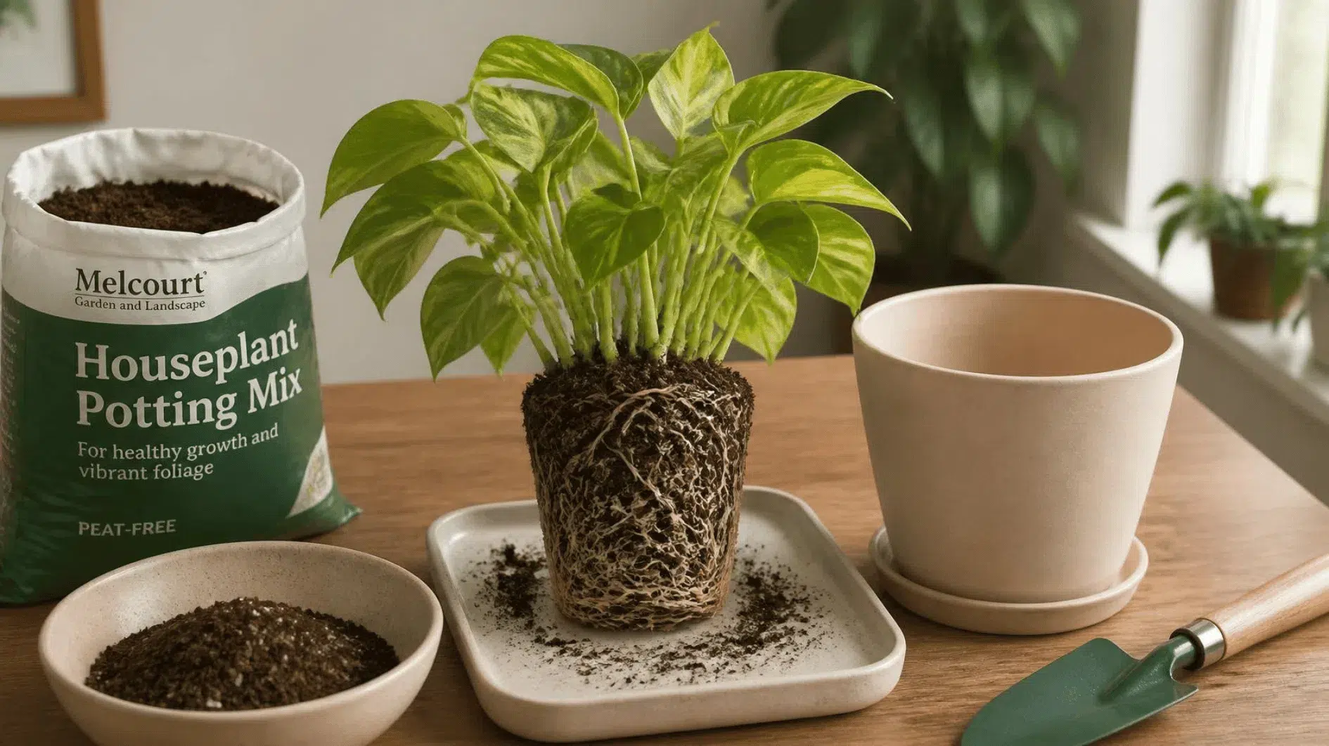 Houseplant repotting materials including a slightly larger pot, growing compost and healthy roots