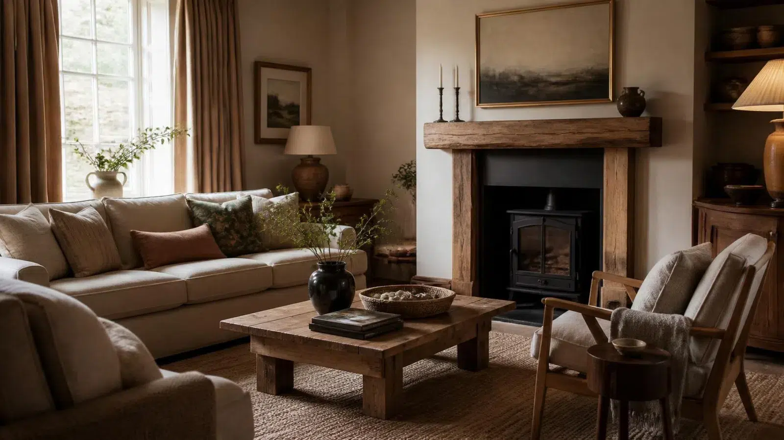 Calm British living room with considered timber furniture, soft textiles and open surfaces
