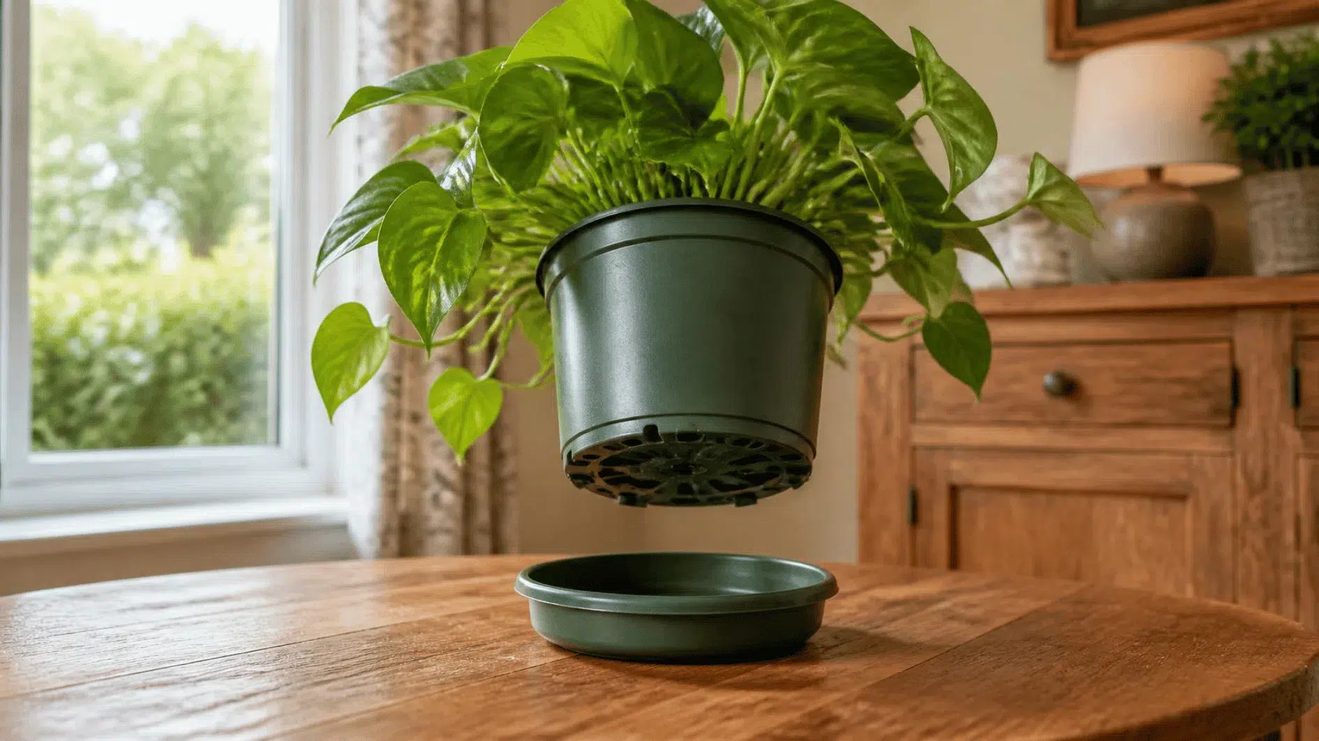 How to Water Houseplants: Moisture Checks and Seasonal Care 4 Green houseplant nursery pot showing drainage holes above a matching water-catching saucer