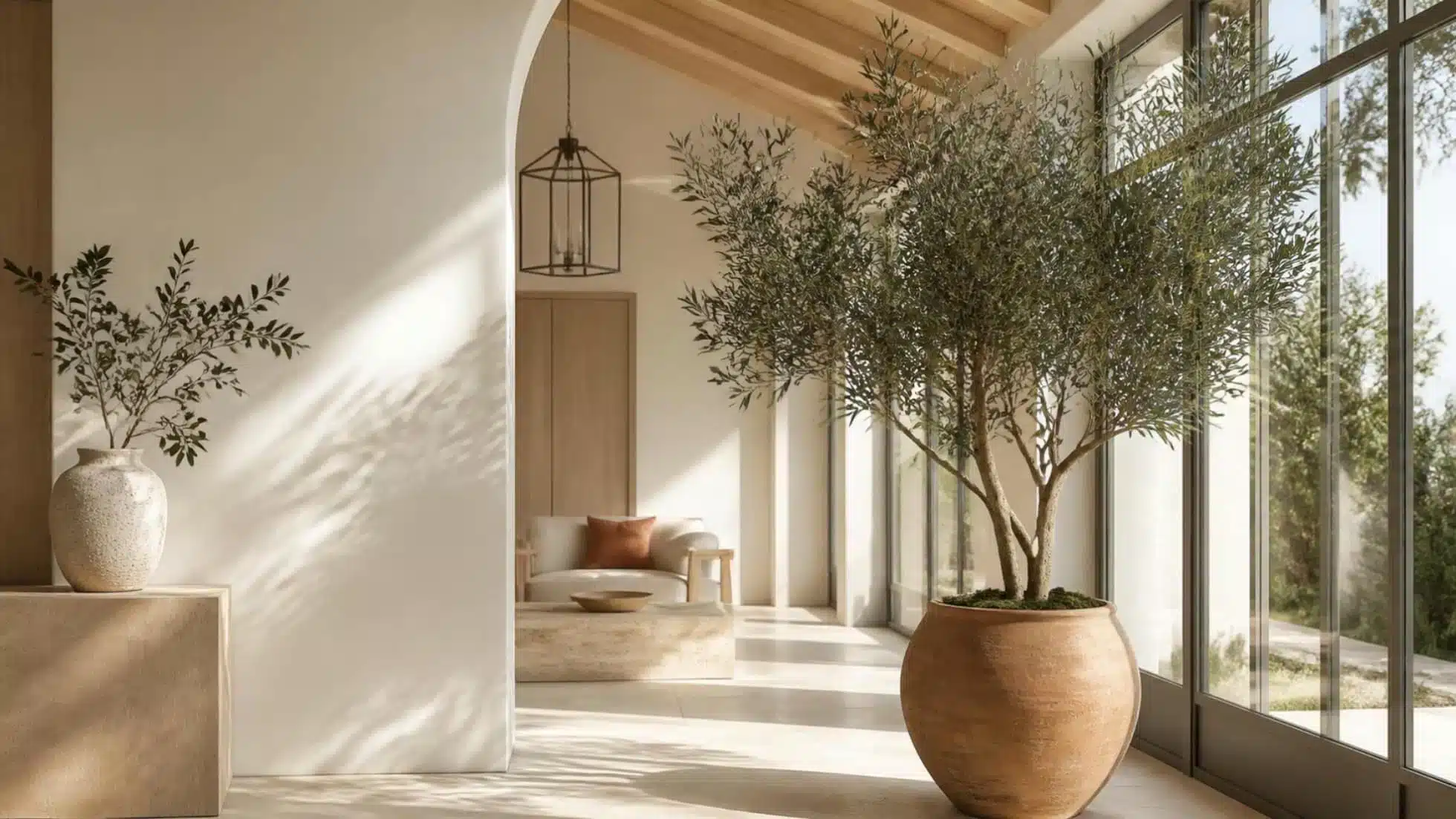 Indoor olive or citrus tree positioned in a bright glazed interior
