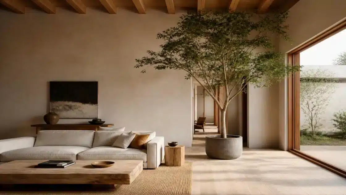 Indoor tree positioned in proportion with furniture and clear circulation space
