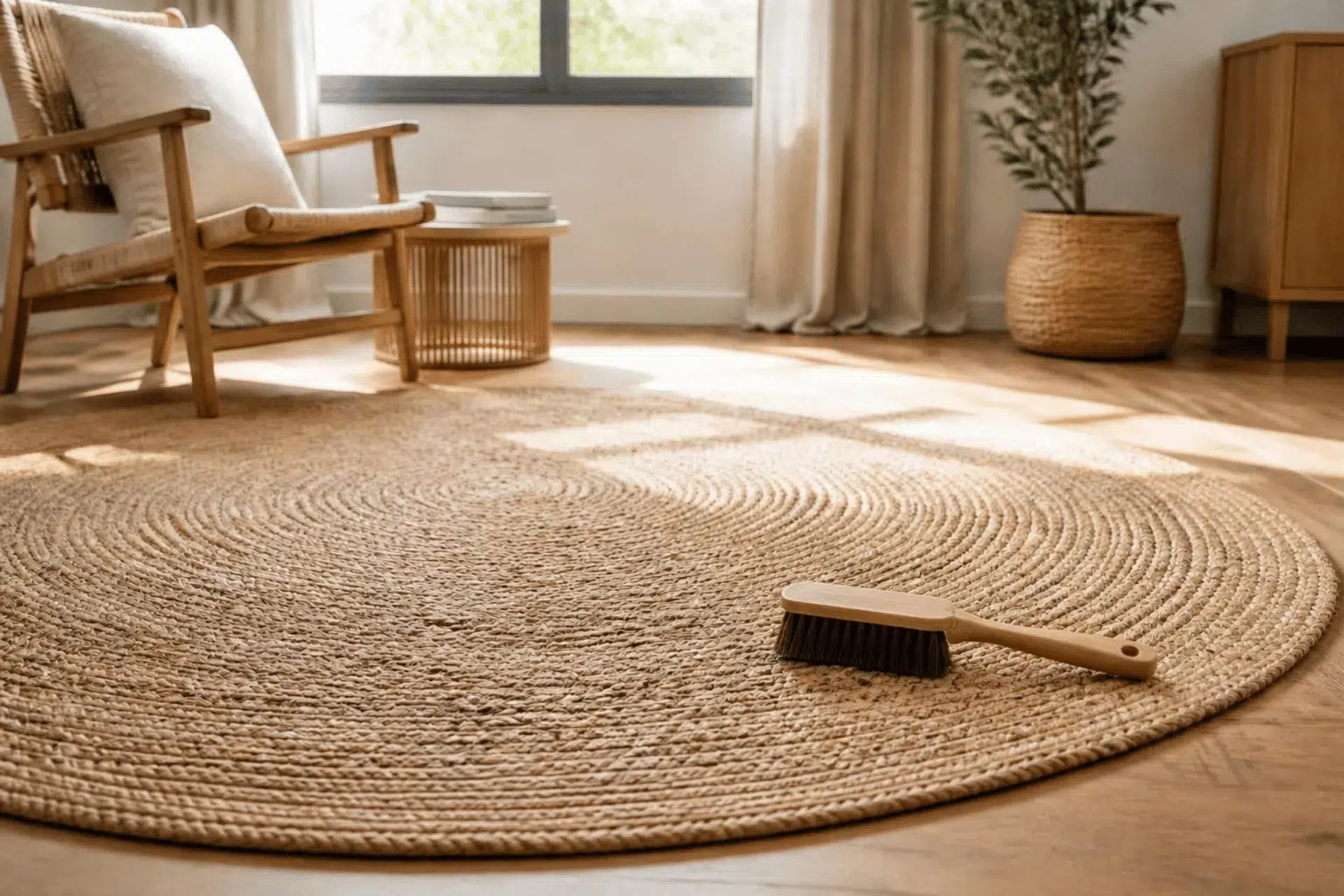 Natural woven jute rug with a soft cleaning brush nearby in a dry indoor room