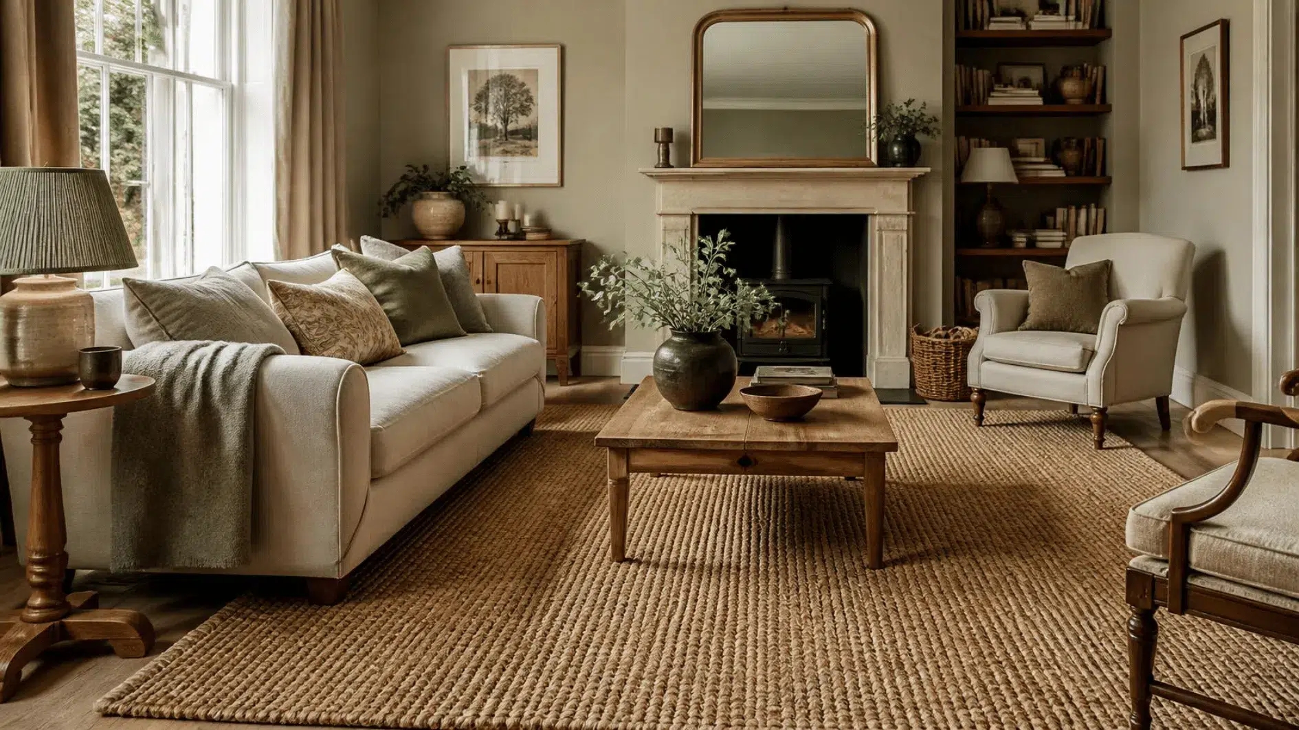 British living room with natural woven jute rug beneath oak coffee table and neutral sofa