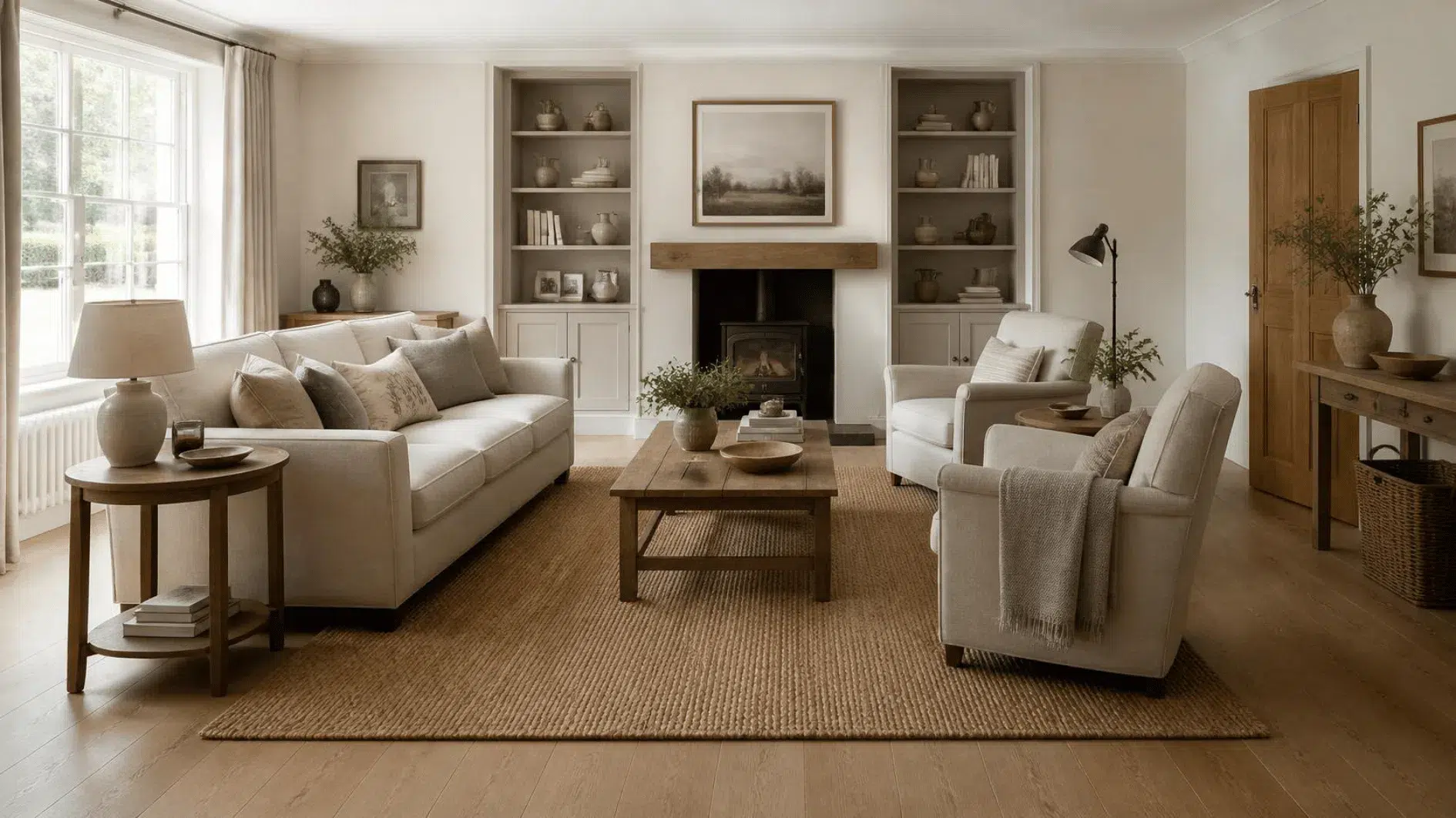 Well-proportioned jute rug positioned beneath cream sofa and oak table in British living room