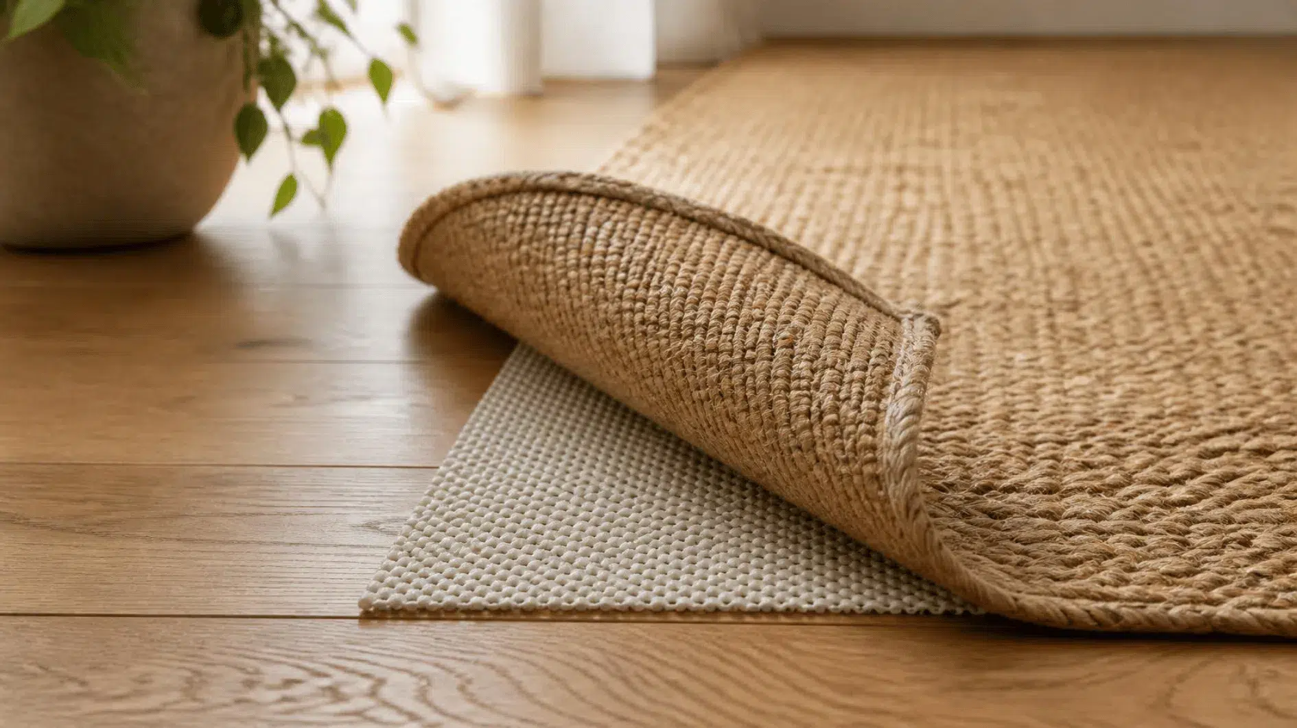Corner of a natural jute rug lifted to reveal non-slip underlay on timber floor