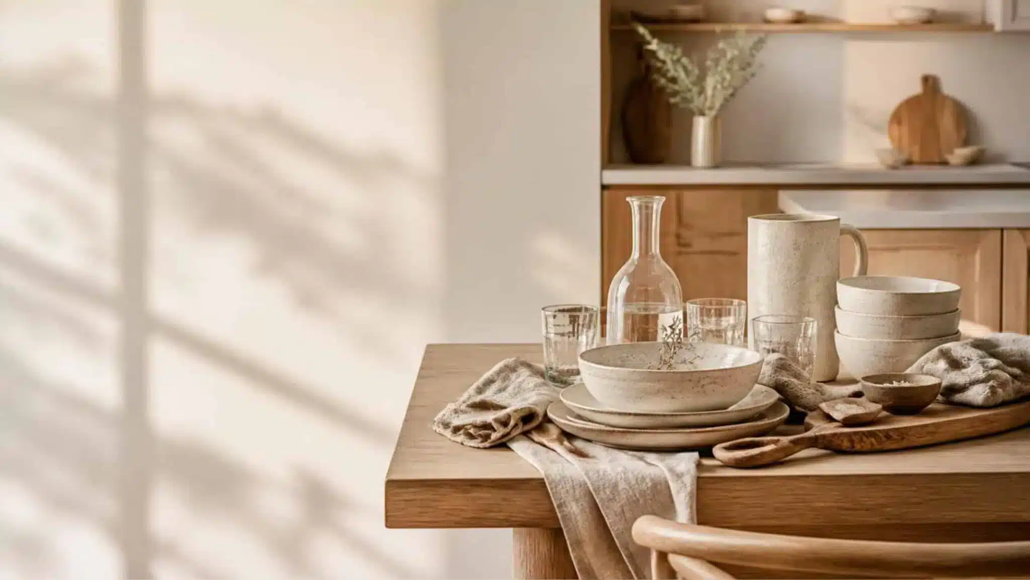 Natural serving boards, bowls and table accessories on a dining table