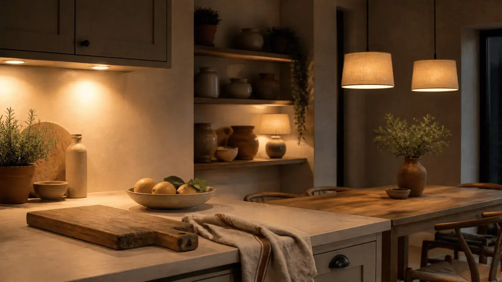 Evening kitchen with warm under-cabinet light on an oak worktop, linen pendants over a dining table and a lamp on an open shelf
