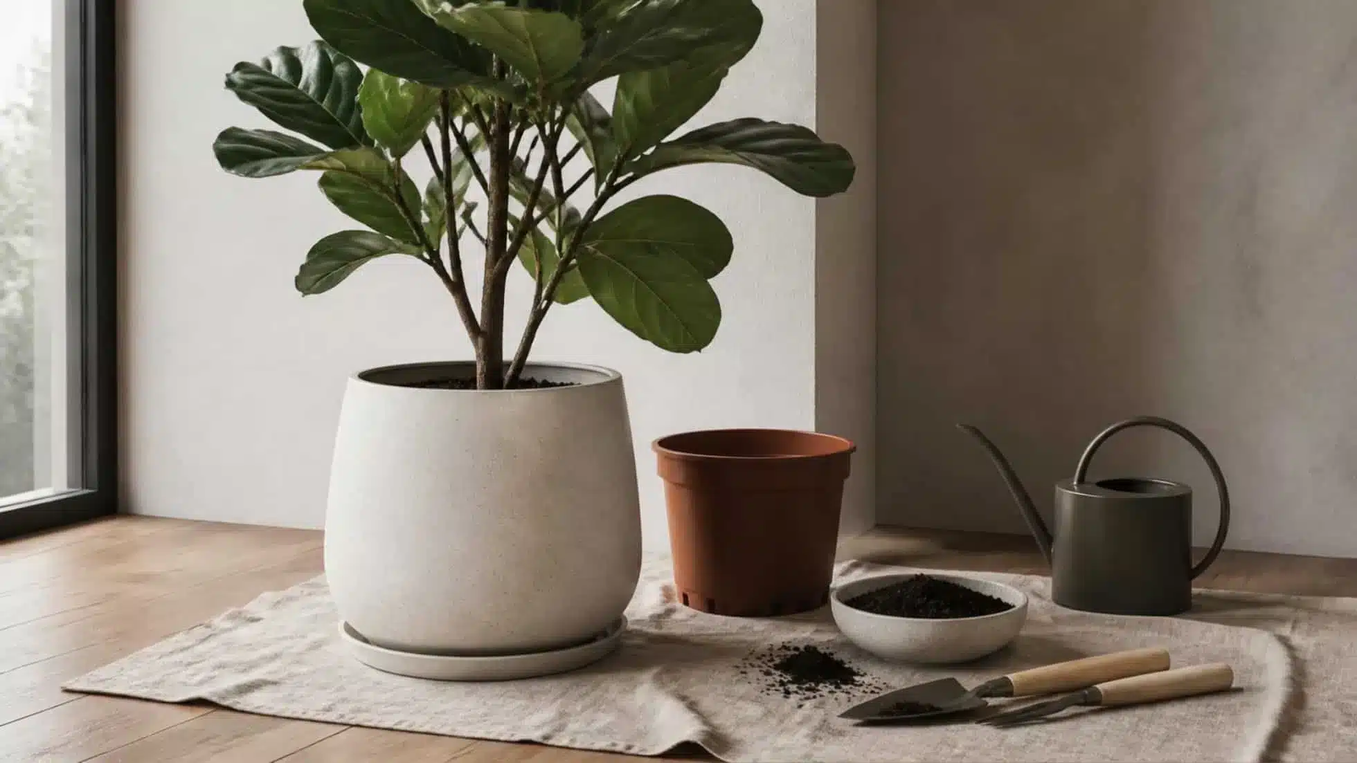 Large indoor plant with ceramic planter and practical potting materials