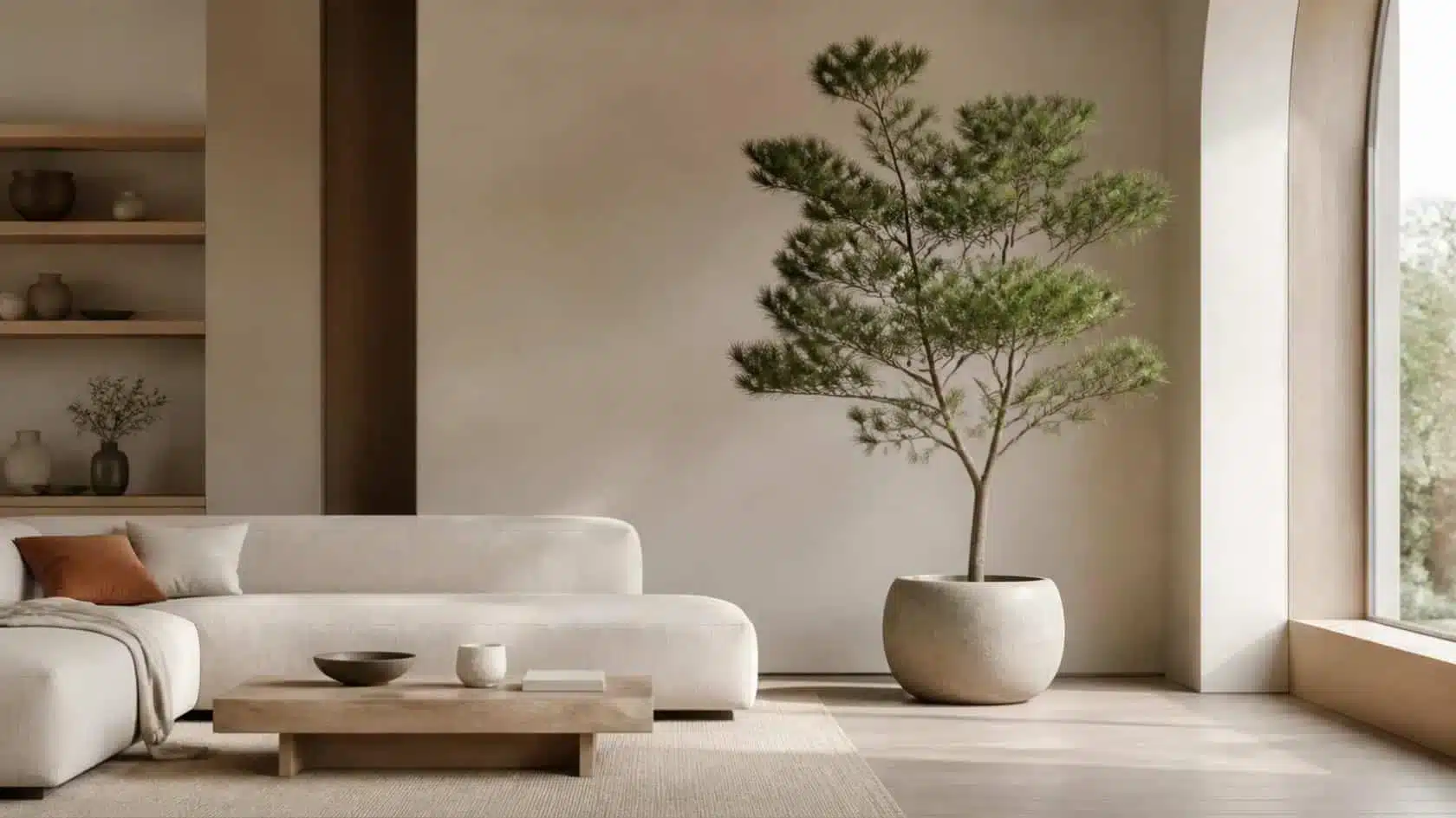 Large indoor plant used as a sculptural focal point in a calm living room