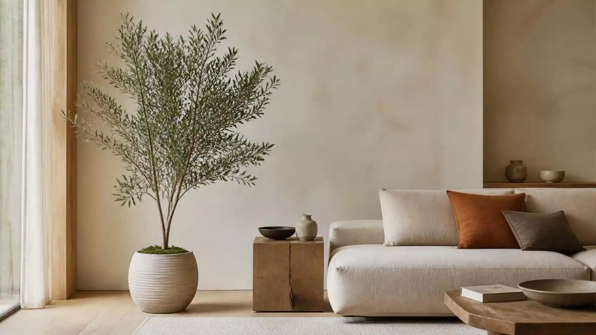 Large indoor plant positioned in proportion with living-room furniture