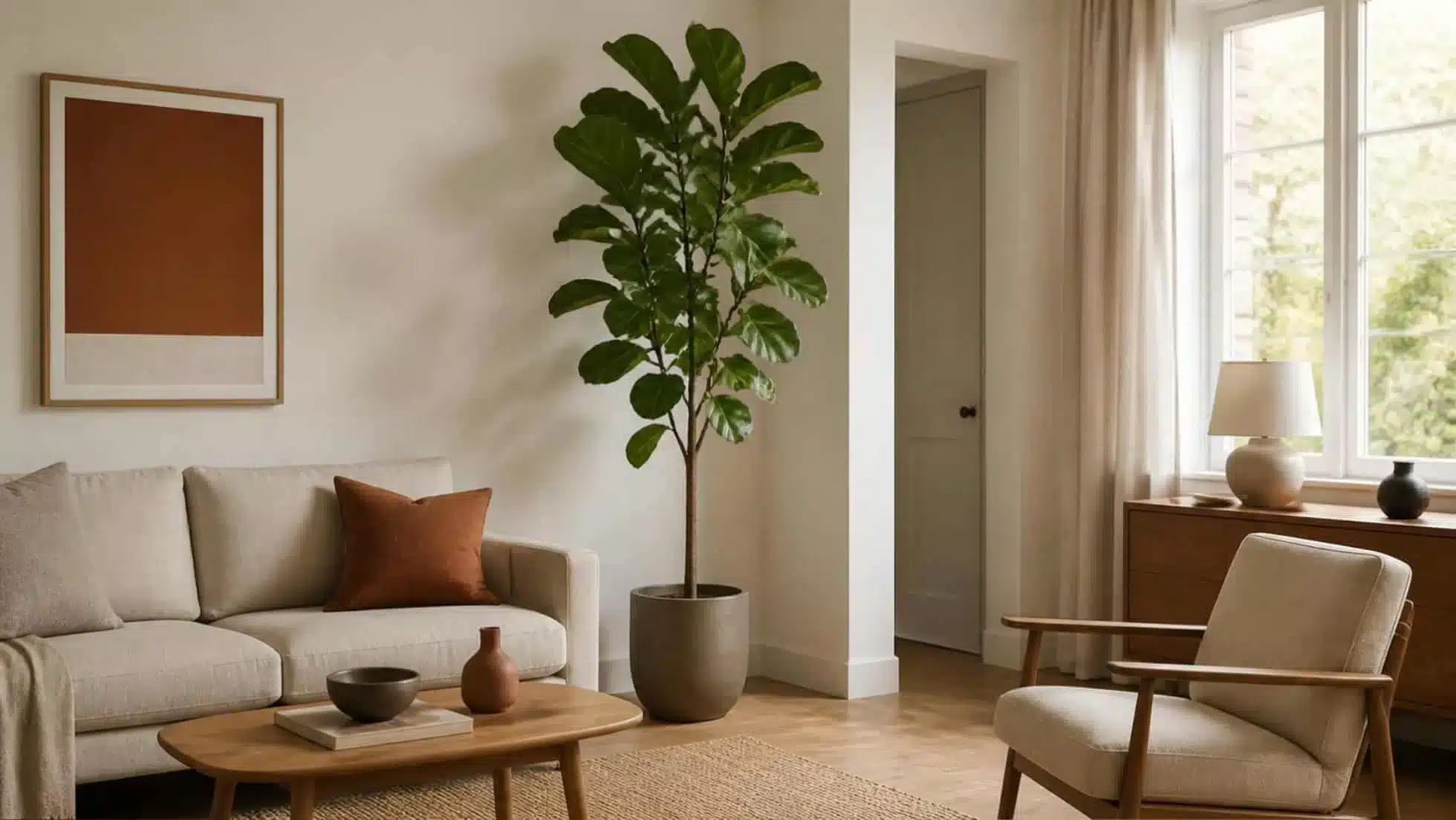 Large upright indoor plant used in a compact living room without overcrowding