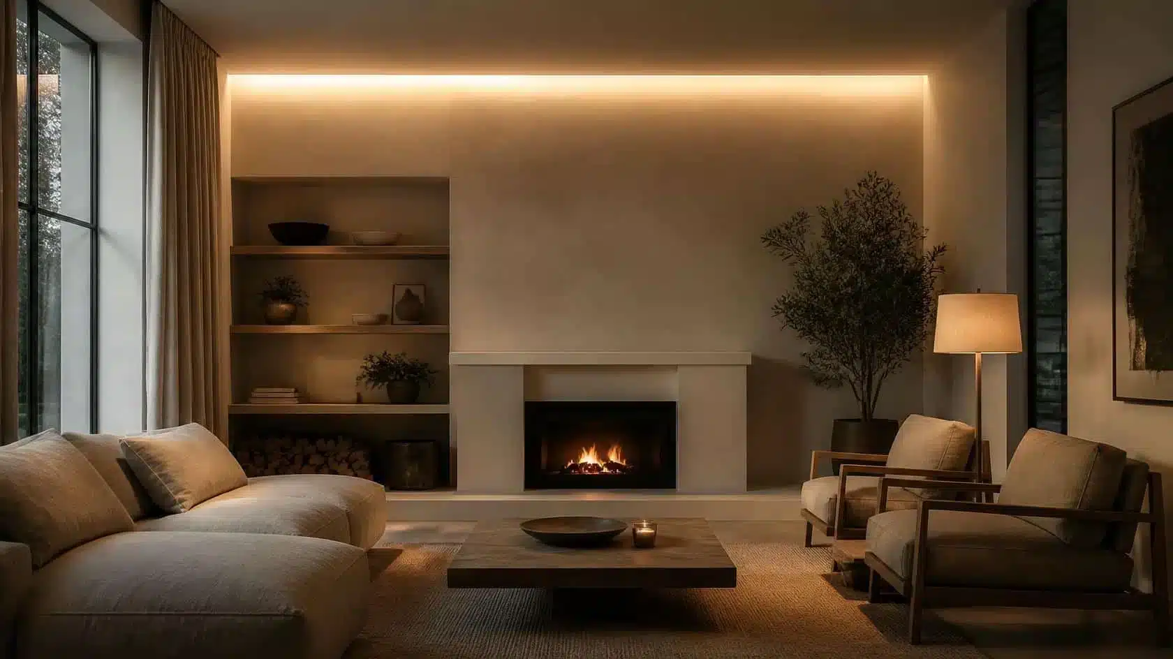 Concealed LED strip lighting inside a cove softly illuminating the ceiling