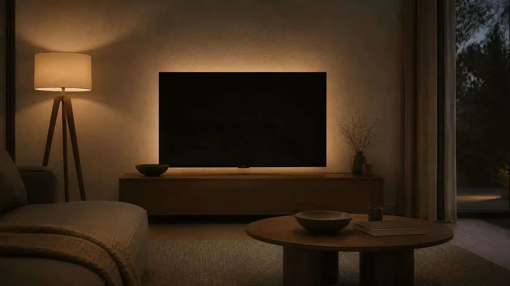 Warm LED strip glow reflected on the wall behind a television