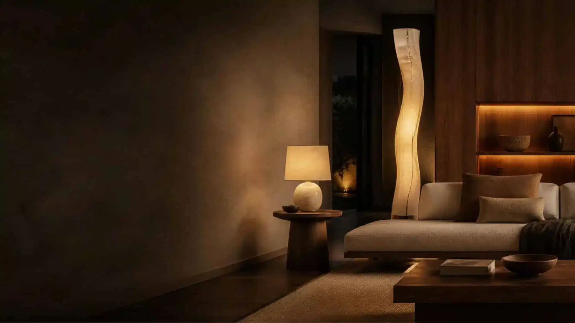 Warm sculptural table lighting in a calm neutral living room