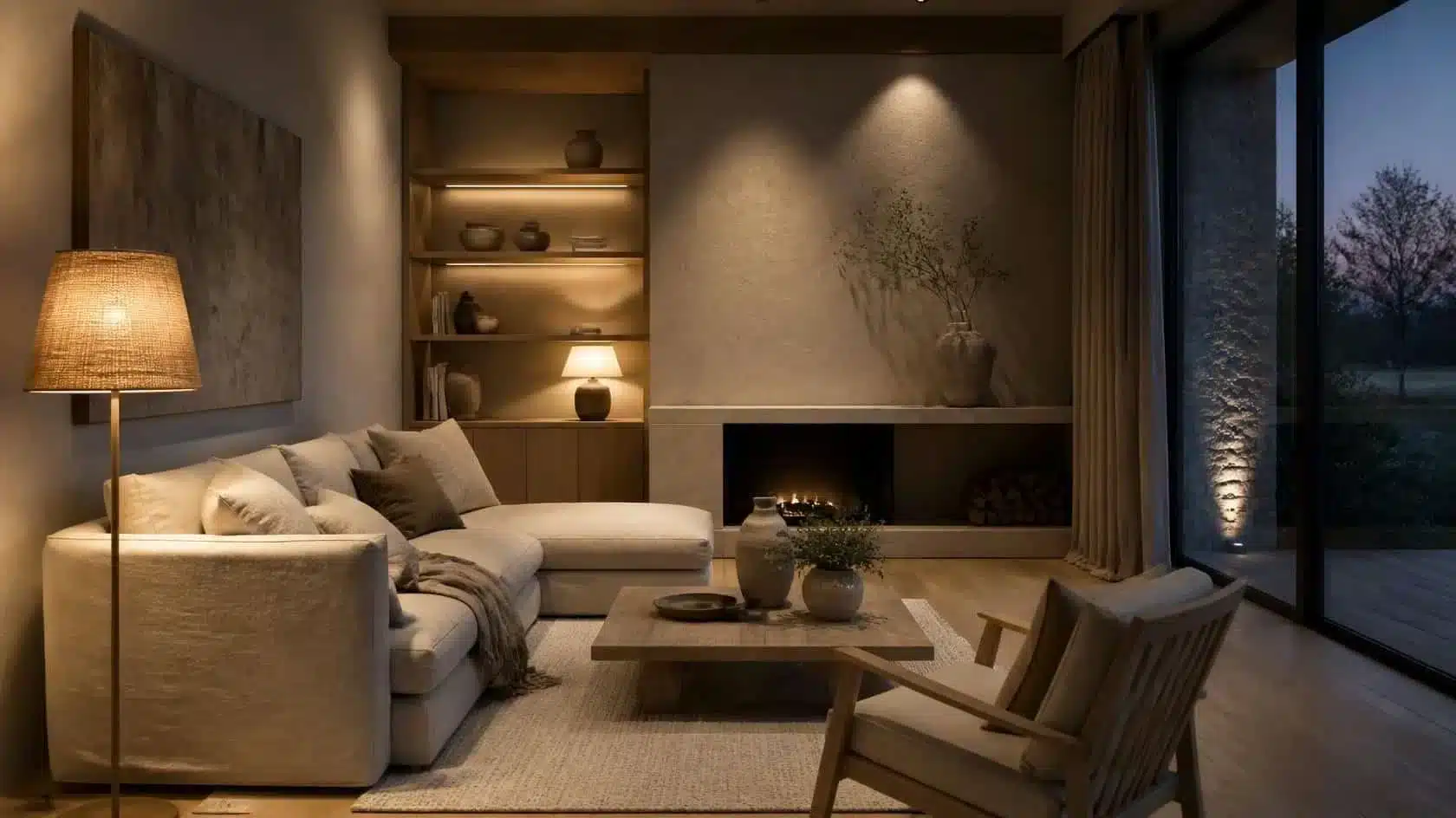 Layered lighting in a sitting room with warm floor, table and accent lights