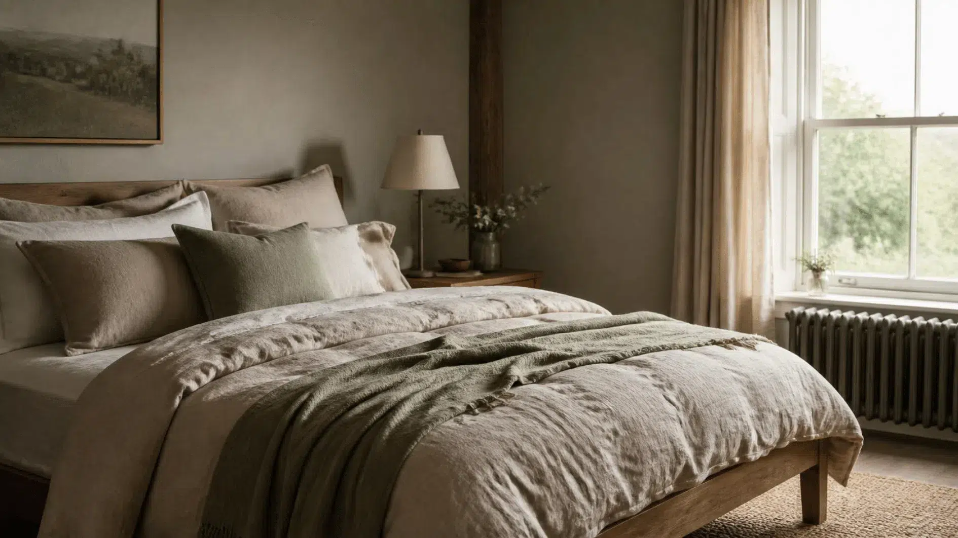 Peaceful bedroom with softly folded flax linen bedding and understated wooden bedside furniture