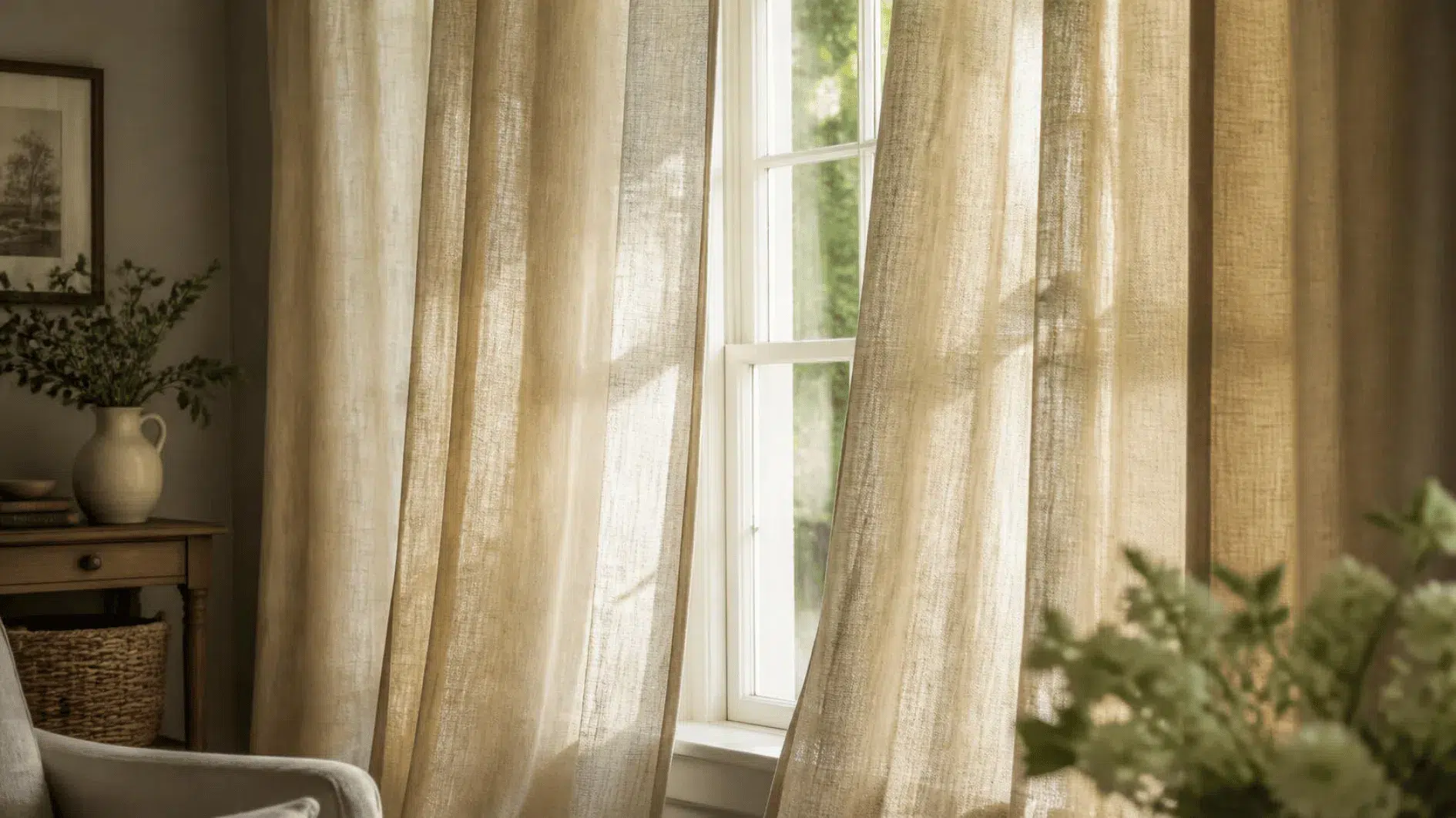 Natural flax linen curtains showing woven texture and soft folds beside a sunlit window