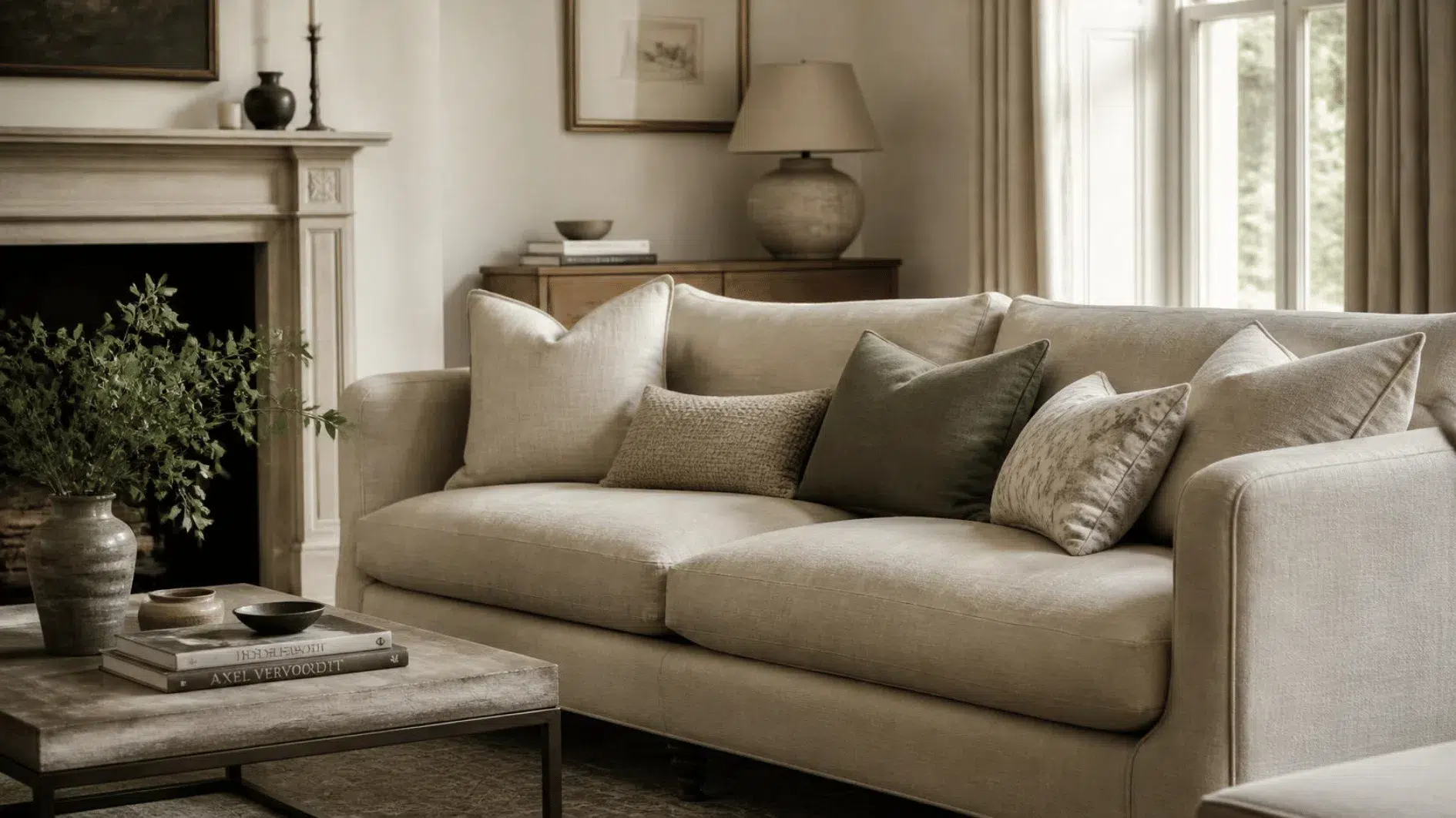 Neutral upholstered sofa with tactile woven linen cushions in complementary natural tones