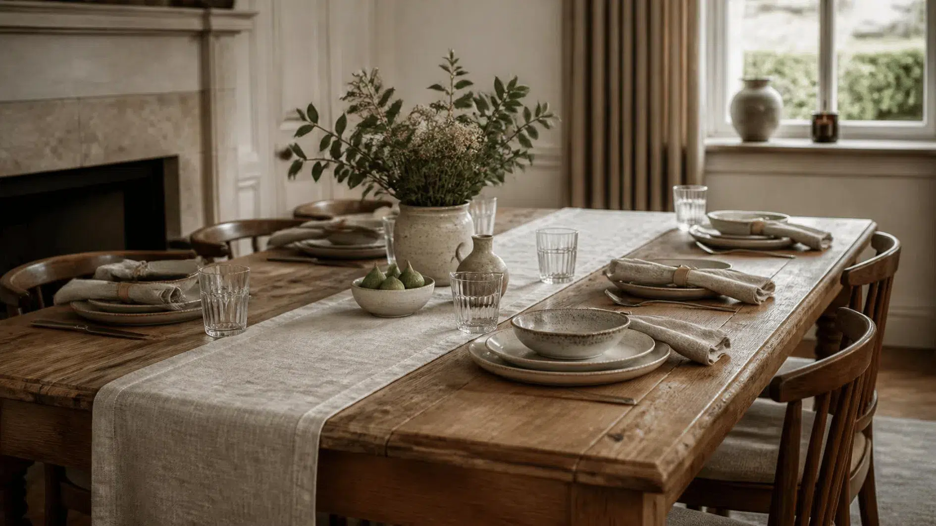 Oak dining table with natural linen runner, folded napkins and simple ceramic tableware