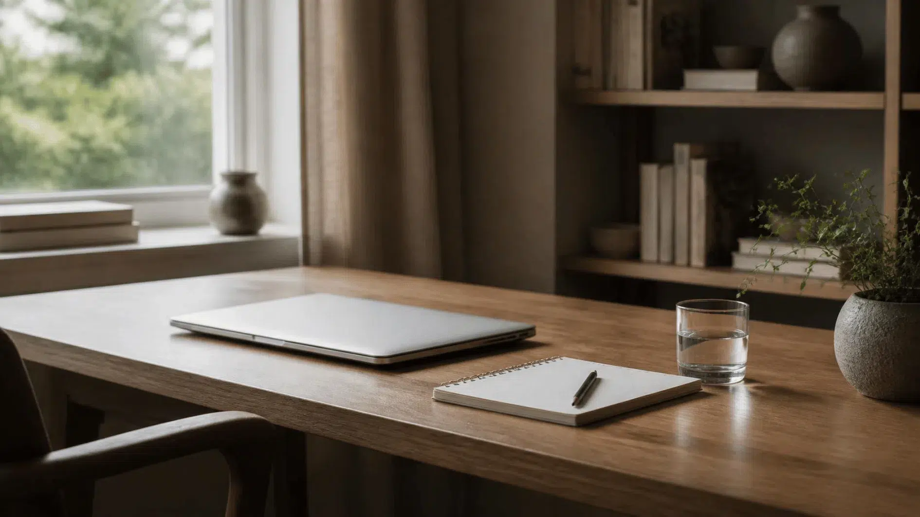 Uncluttered oak home-working desk with closed laptop, blank notebook, pencil and water glass