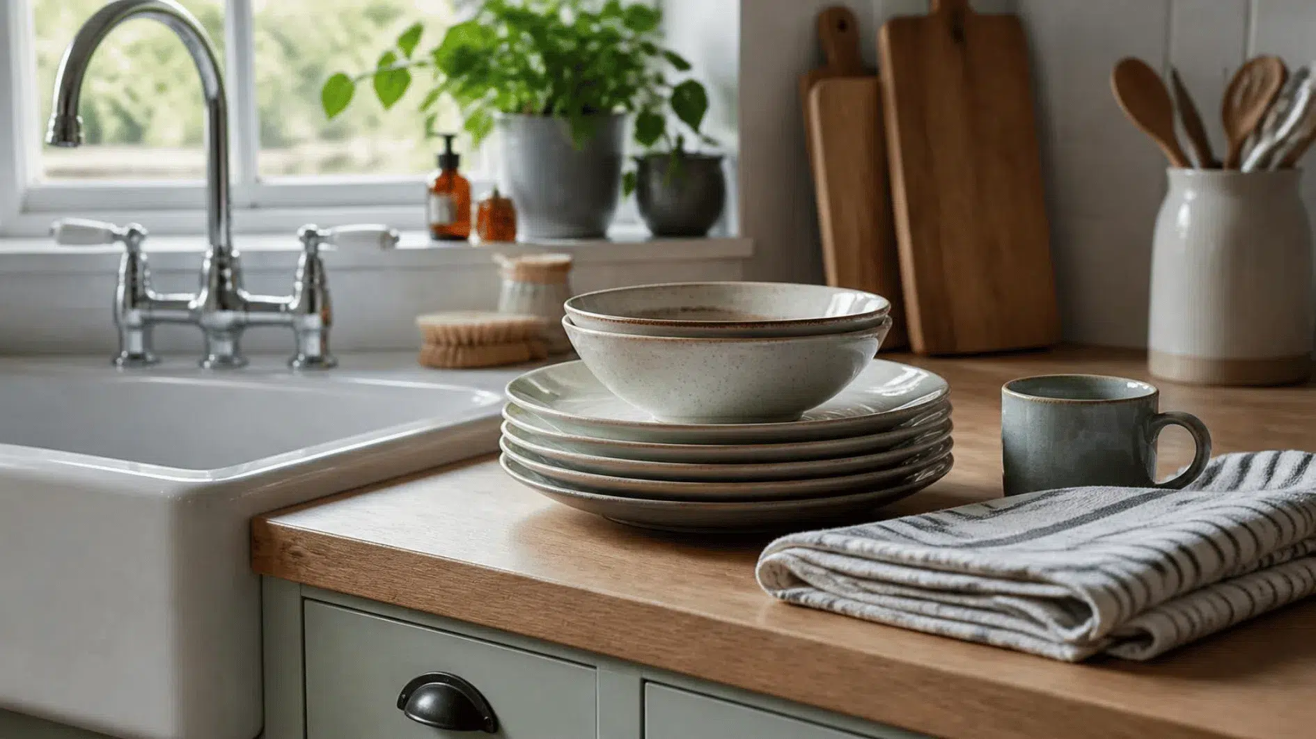 Clean ceramic dishes by the kitchen sink with a folded tea towel and gentle daylight