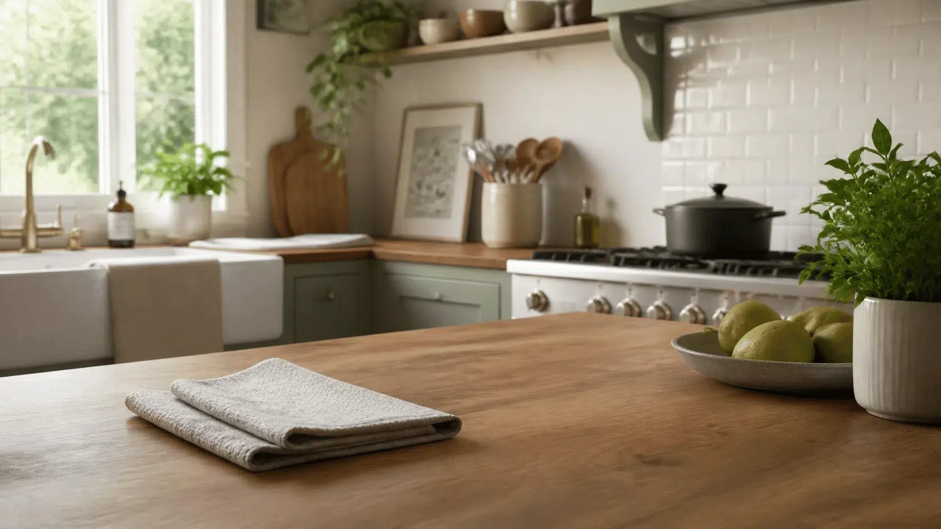 Naturally tidy British kitchen with oak worktop, folded cleaning cloth and simple ceramic objects