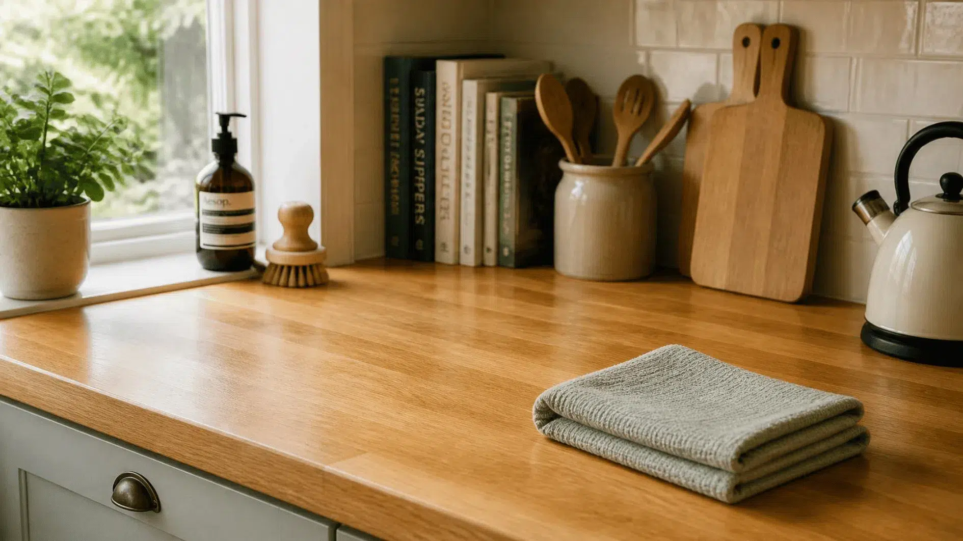 Clean oak kitchen worktop with neutral cotton cloth, ceramic bowl and soft morning daylight