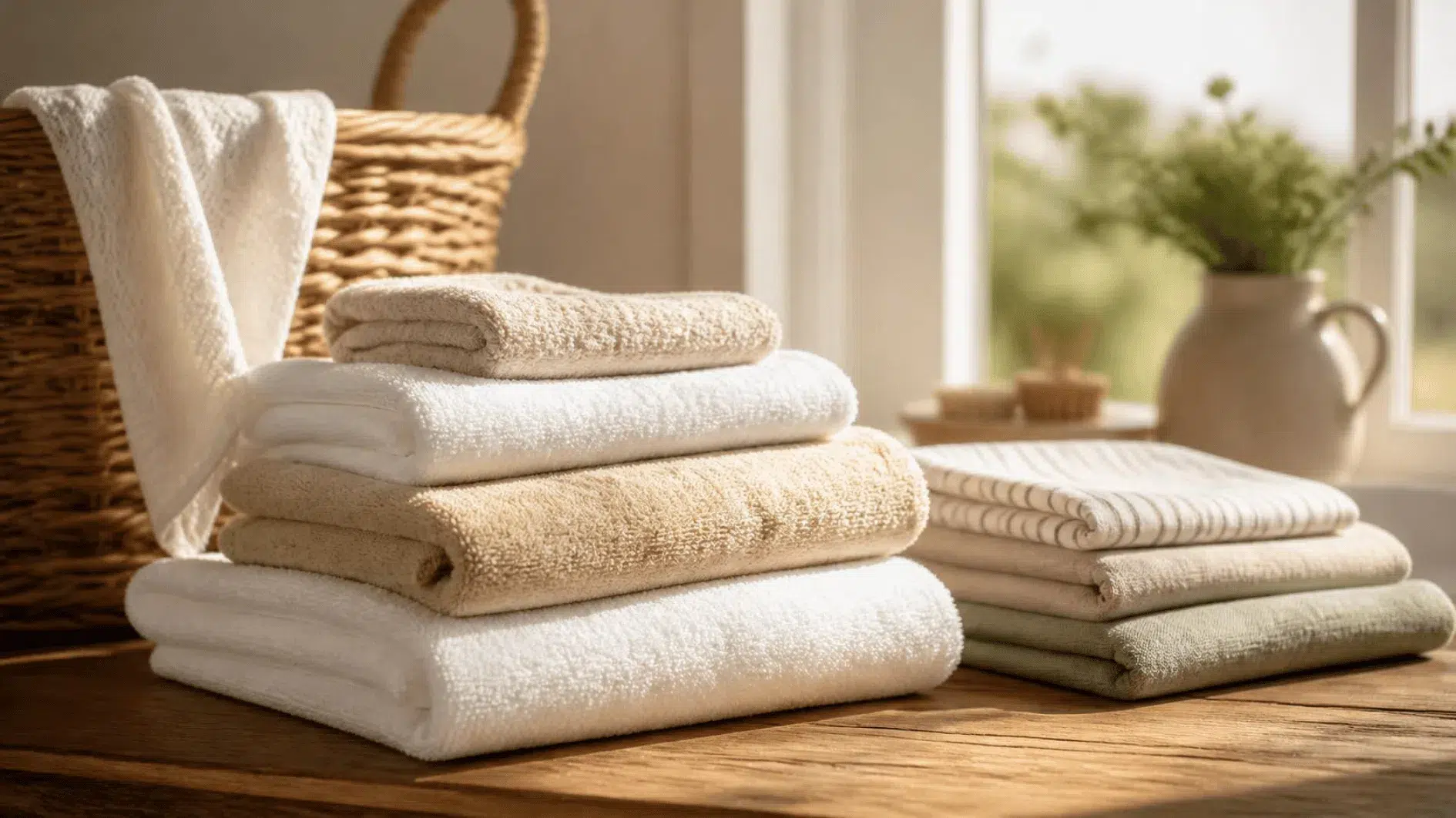 Folded cotton and linen towels with simple laundry basket on a timber surface