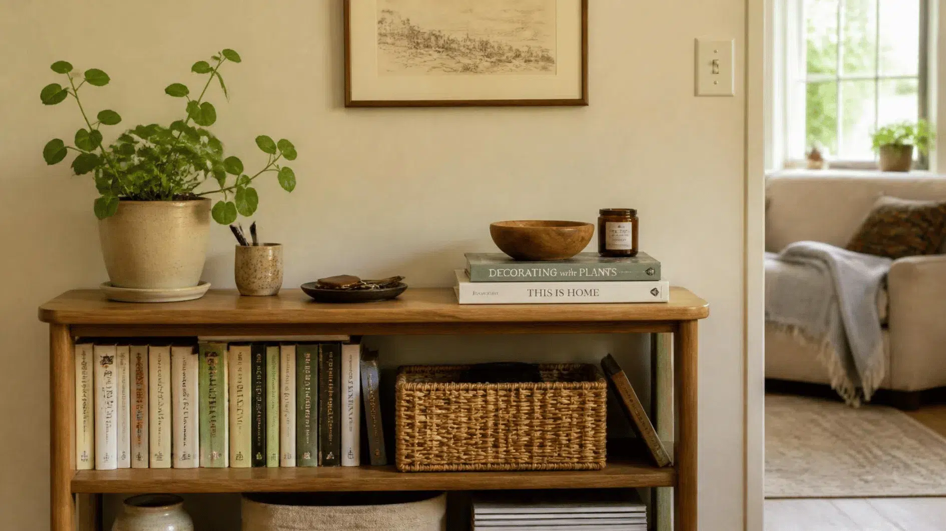 Organised living-room bookshelf with familiar books, ceramic bowl and soft daylight