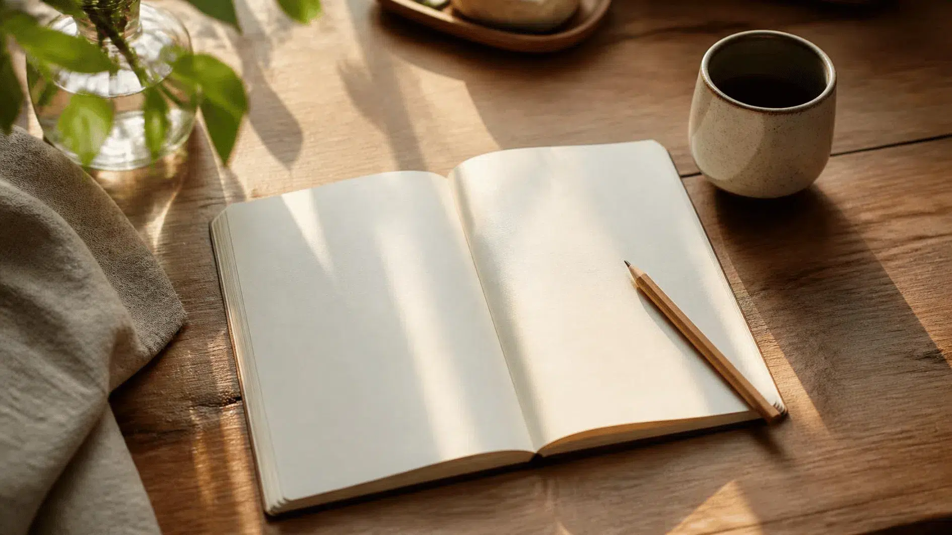 Open blank journal and pencil on an oak writing desk beside a ceramic cup in soft natural window light