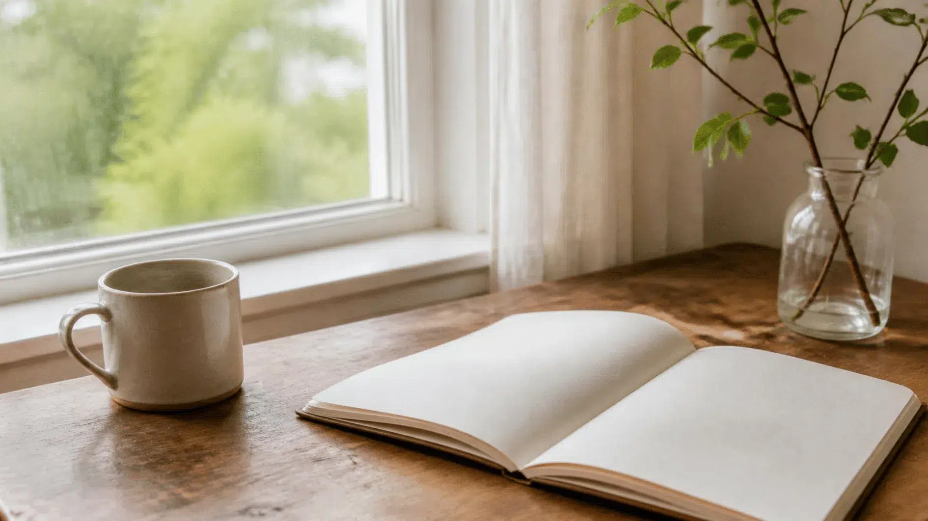 Open blank notebook beside a softly lit window overlooking greenery in a British home