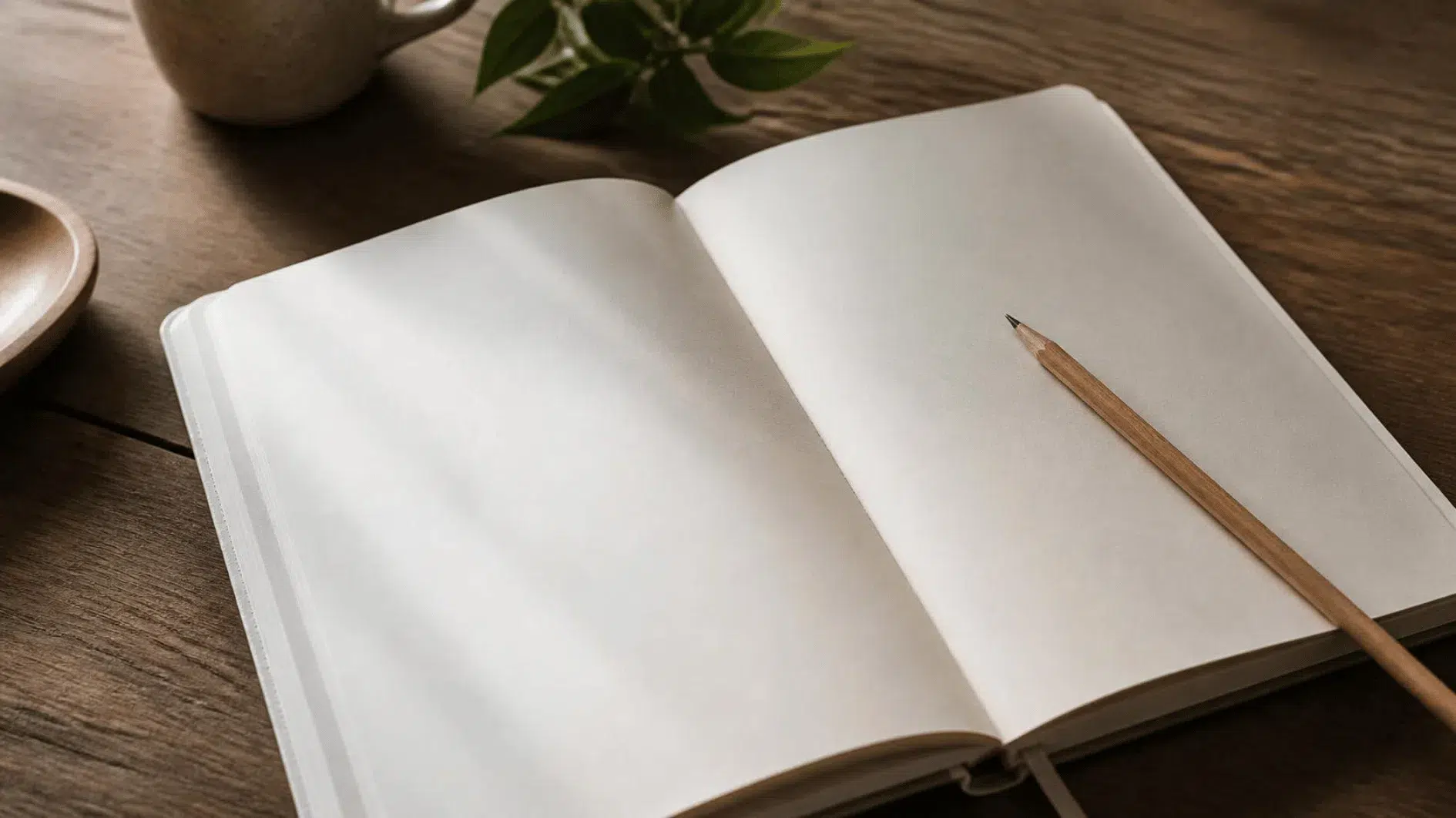 Open cream notebook with blank pages and graphite pencil on a warm oak surface