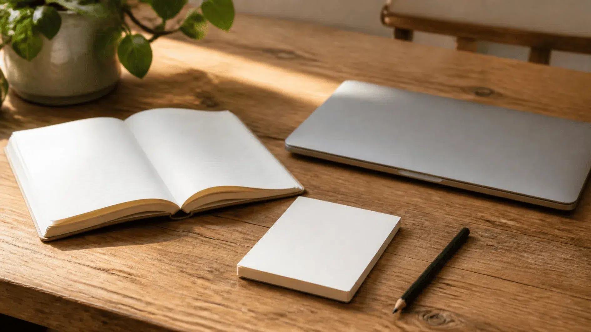 Blank notebook, small notepad, pencil and closed laptop arranged on a natural timber desk