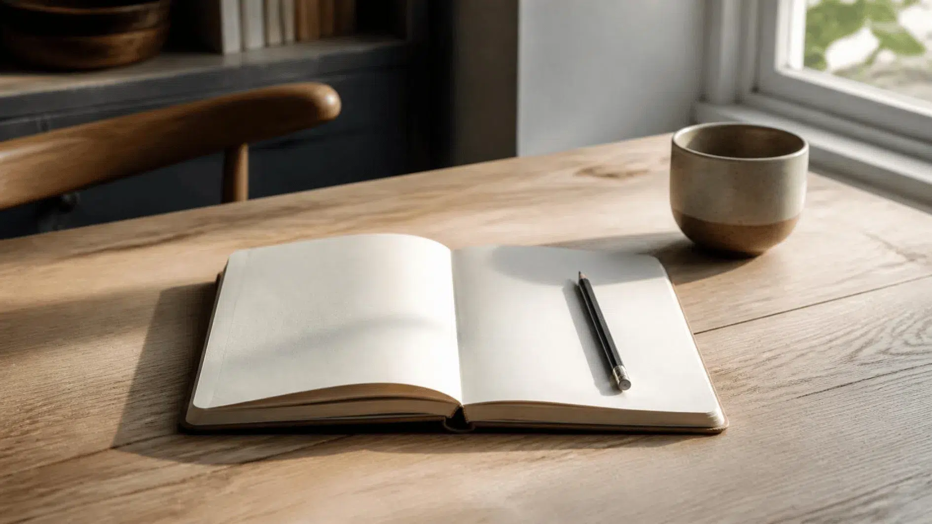 Open blank notebook and pencil on a timber desk beside a ceramic cup in natural daylight