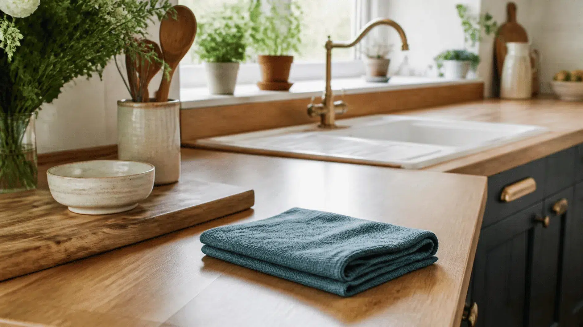 Simple British kitchen worktop with folded cleaning cloth and practical household objects