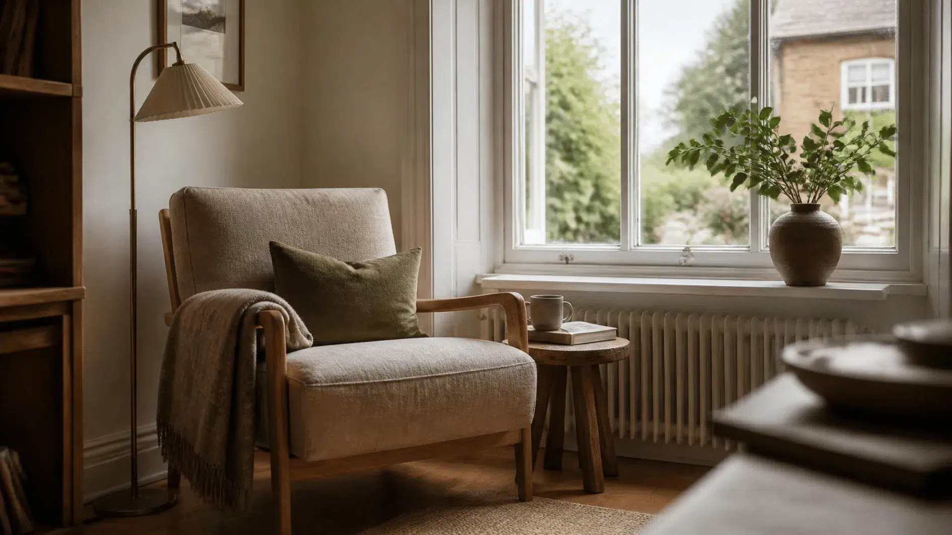 Quiet sitting corner beside a window with comfortable linen armchair, greenery and daylight