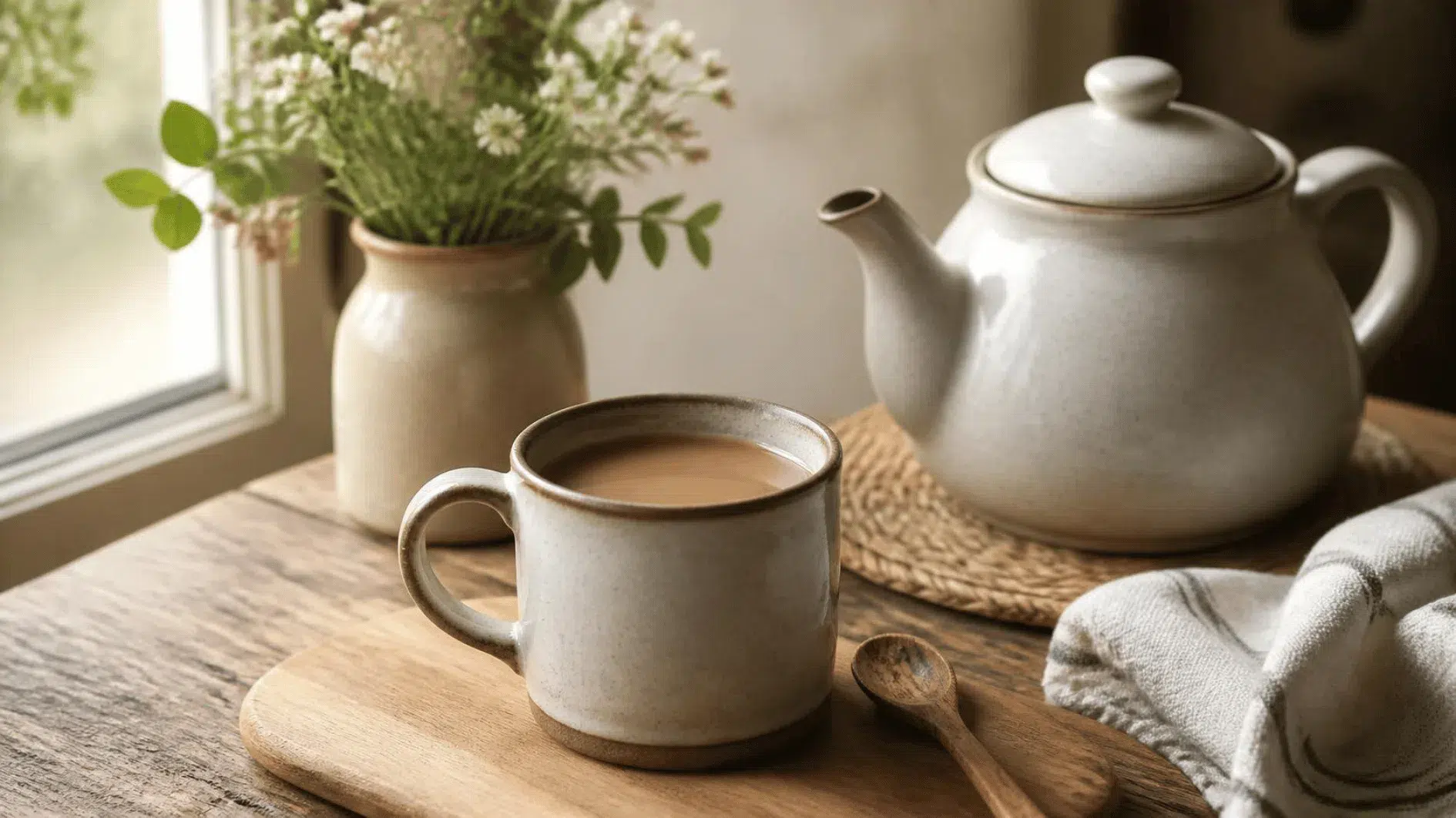 Ceramic mug and teapot on natural oak kitchen counter in soft morning light