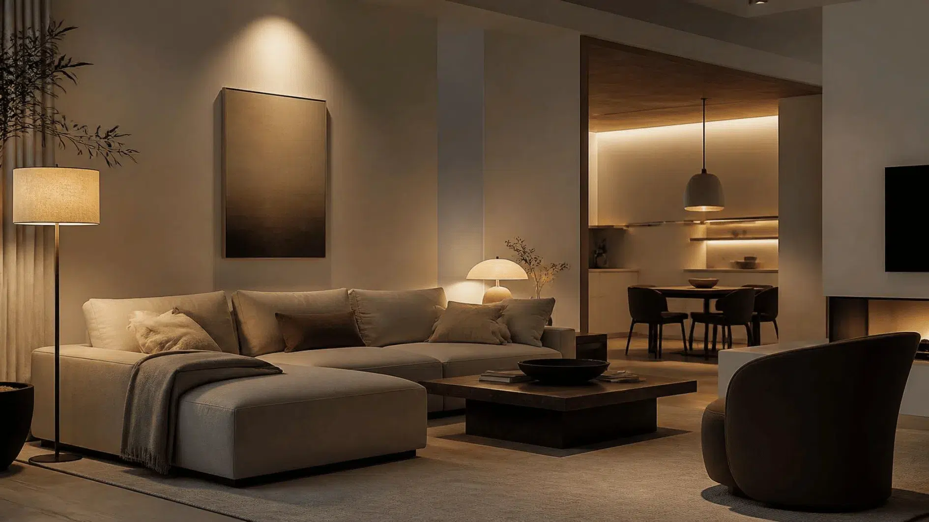 Minimalist Home: How to Simplify Without Starting Over 5 Welcoming minimalist living room with softly layered lamp lighting in the evening