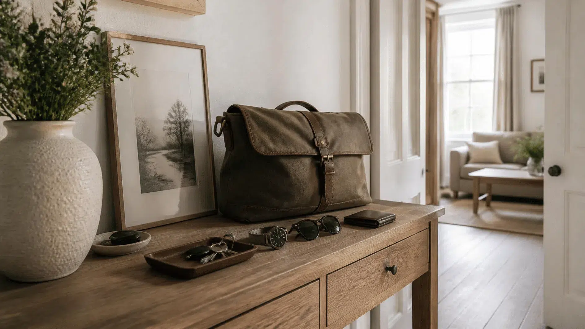 Organised hallway console with keys, bag and everyday belongings prepared for the morning