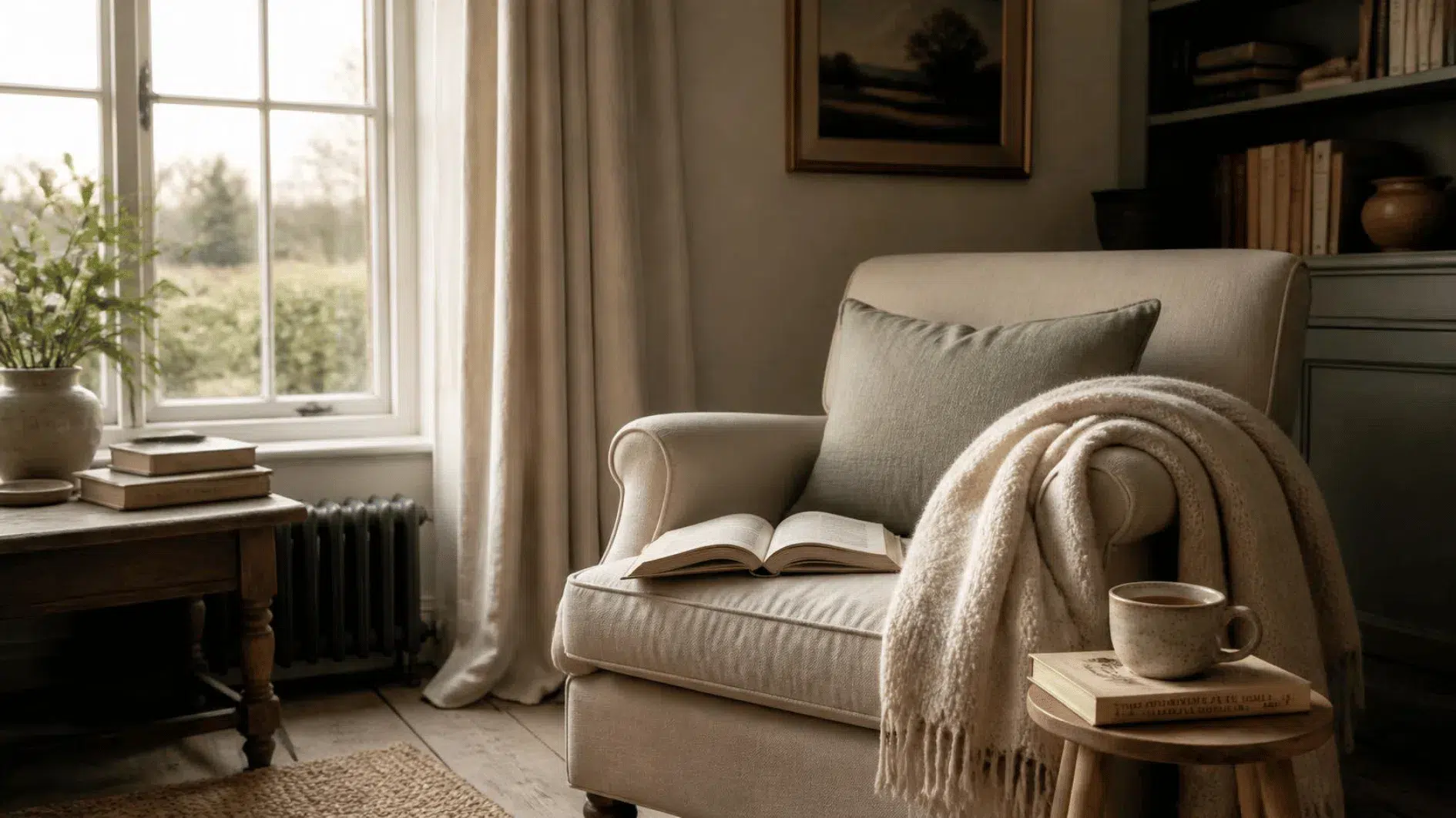 Comfortable reading chair with book, tea and soft early daylight in a warm British home