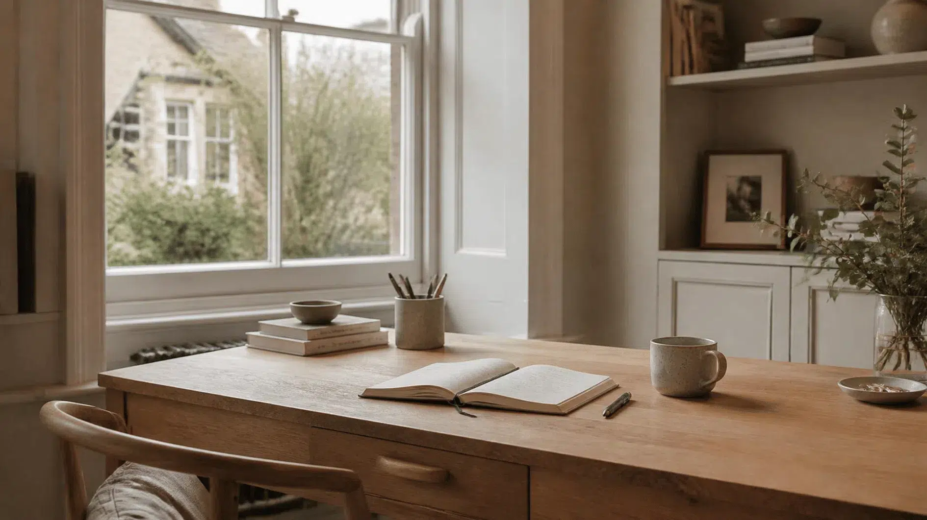 Clear timber home-office desk with notebook, ceramic mug and gentle morning light