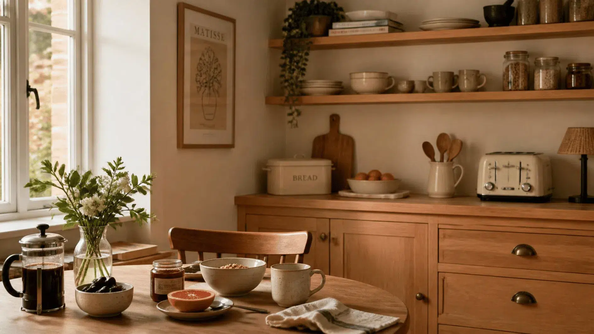 Everyday crockery and a simple breakfast arranged in a naturally lit British kitchen